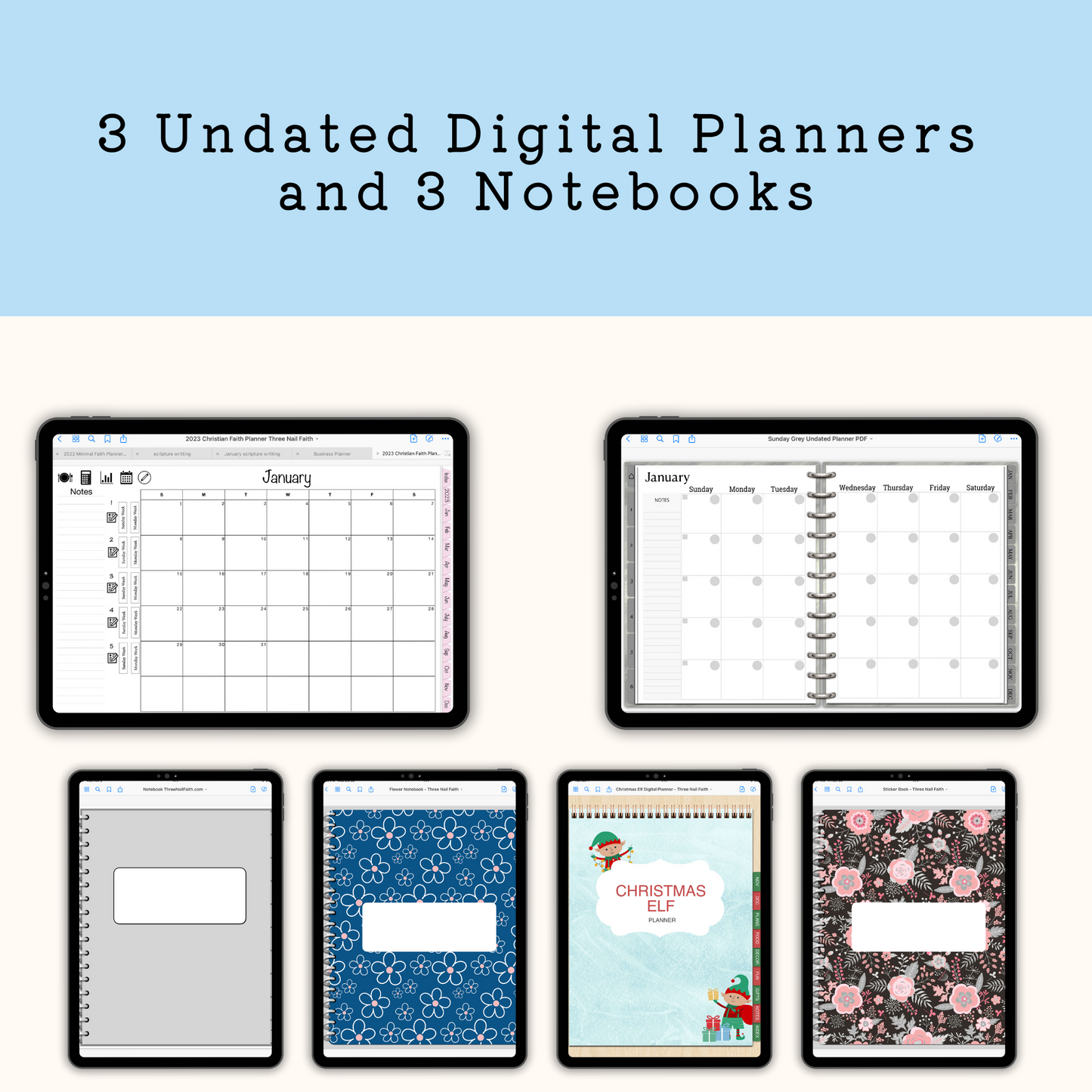 You will receive 3 undated planners, and 3 notebooks