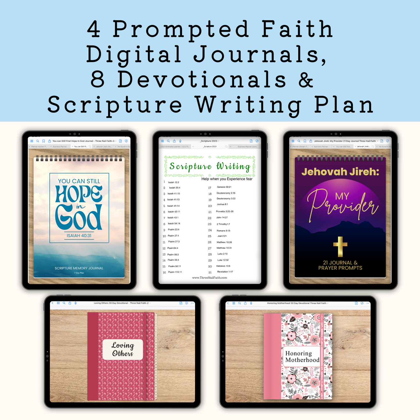 You will receive  4 prompted faith journals and 8 devotionals
