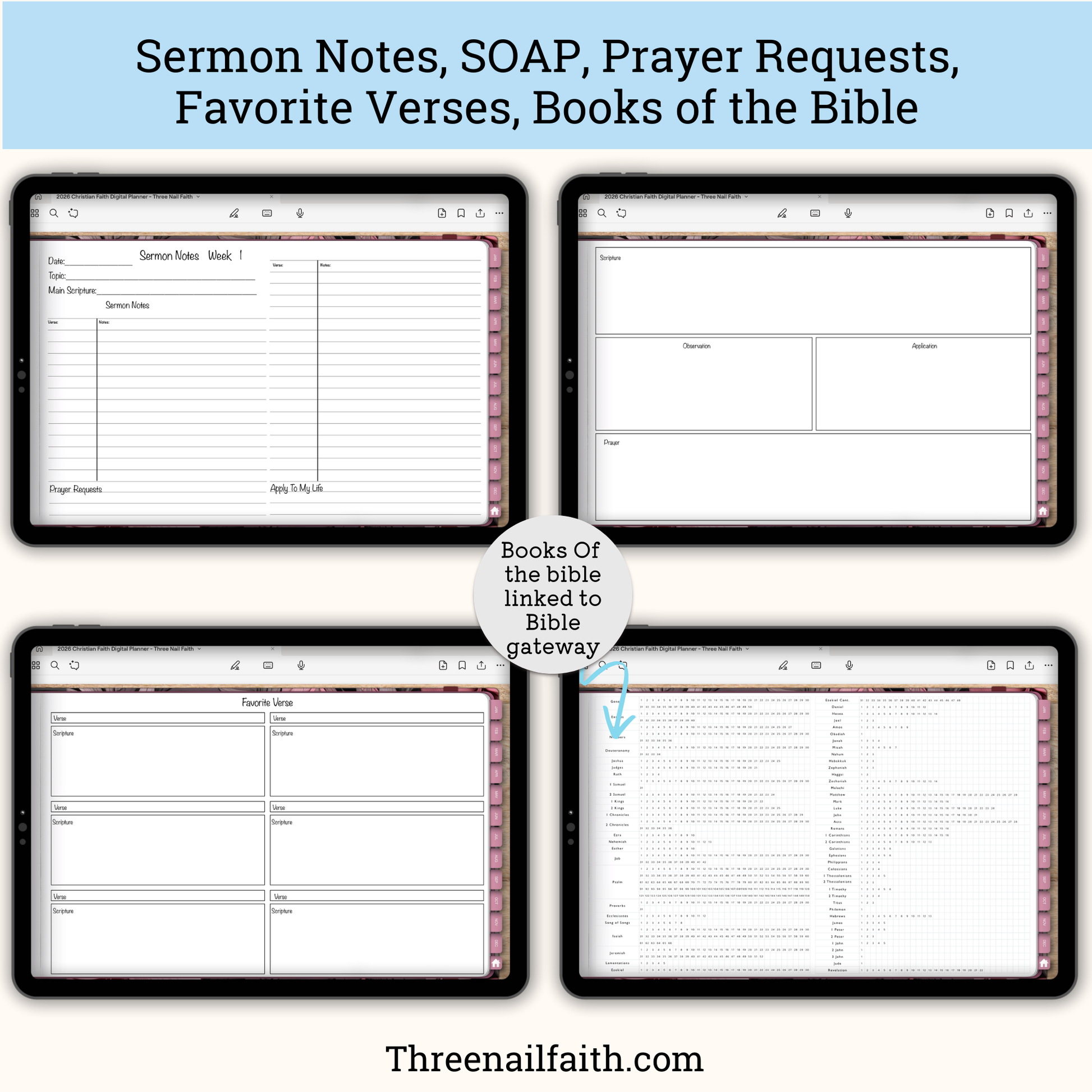 screen shots of sermon notes, SOAP, prayer requests, favorite verses. and books of the bible pages