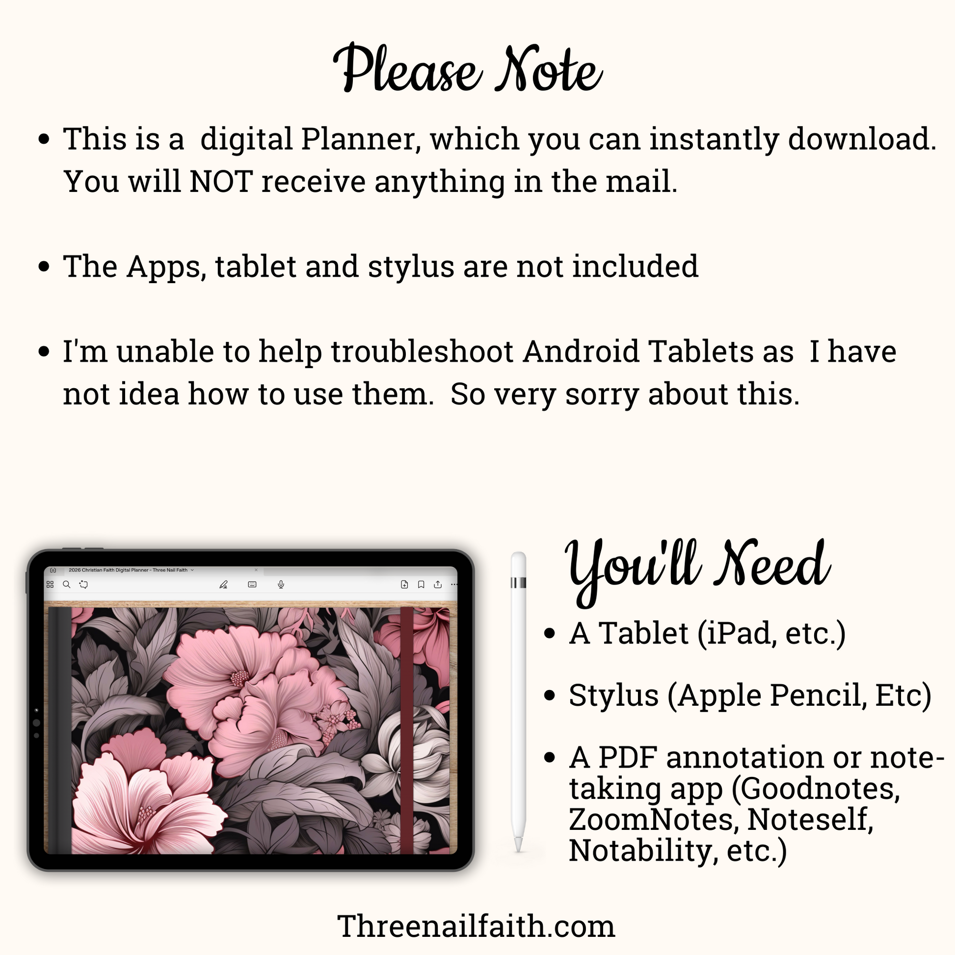 This is a digital download so nothing will be mailed to you.  You will need a tablet, a stylus, and an annotation app to be able to use this planner,  These items are not included with purchase