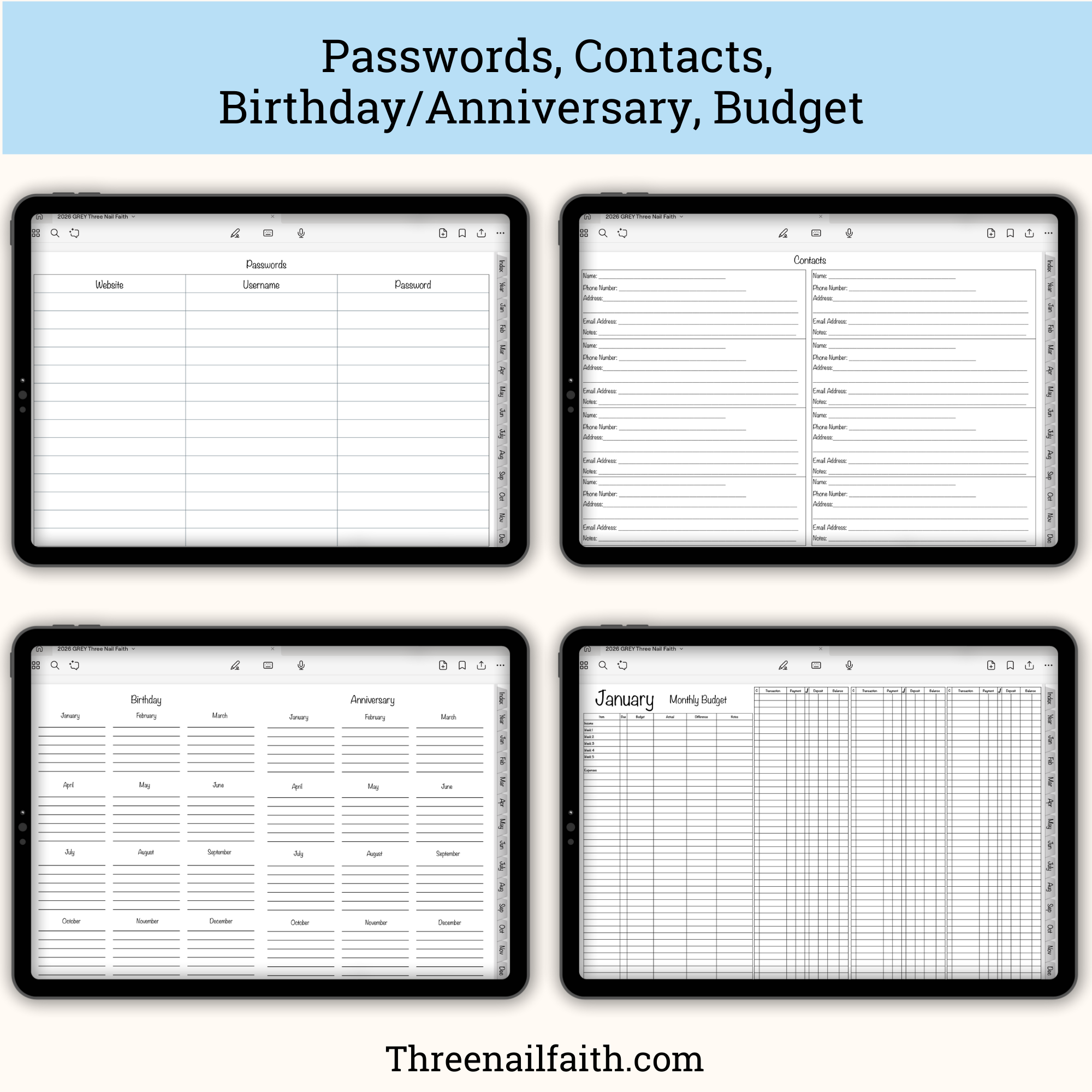 screen shots of passwords, contacts, birthday, and budget pages