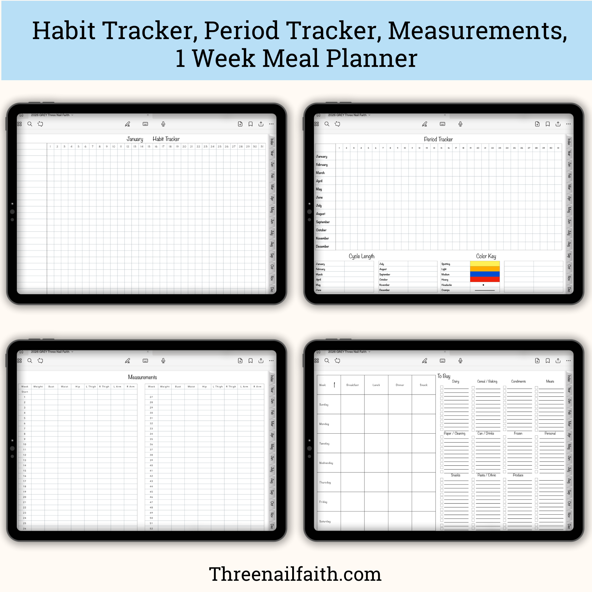 screen shots of habit tracker, period tracker, measurements, and meal planner pages