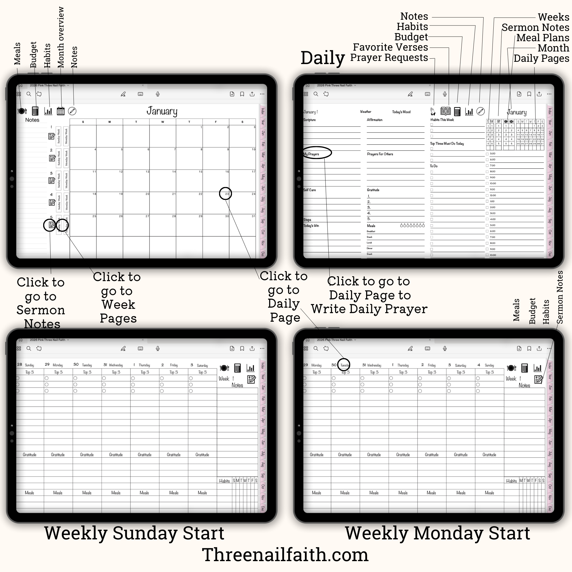 Pages inside the planner, Month, daily page, and sunday and monday start weekly pages