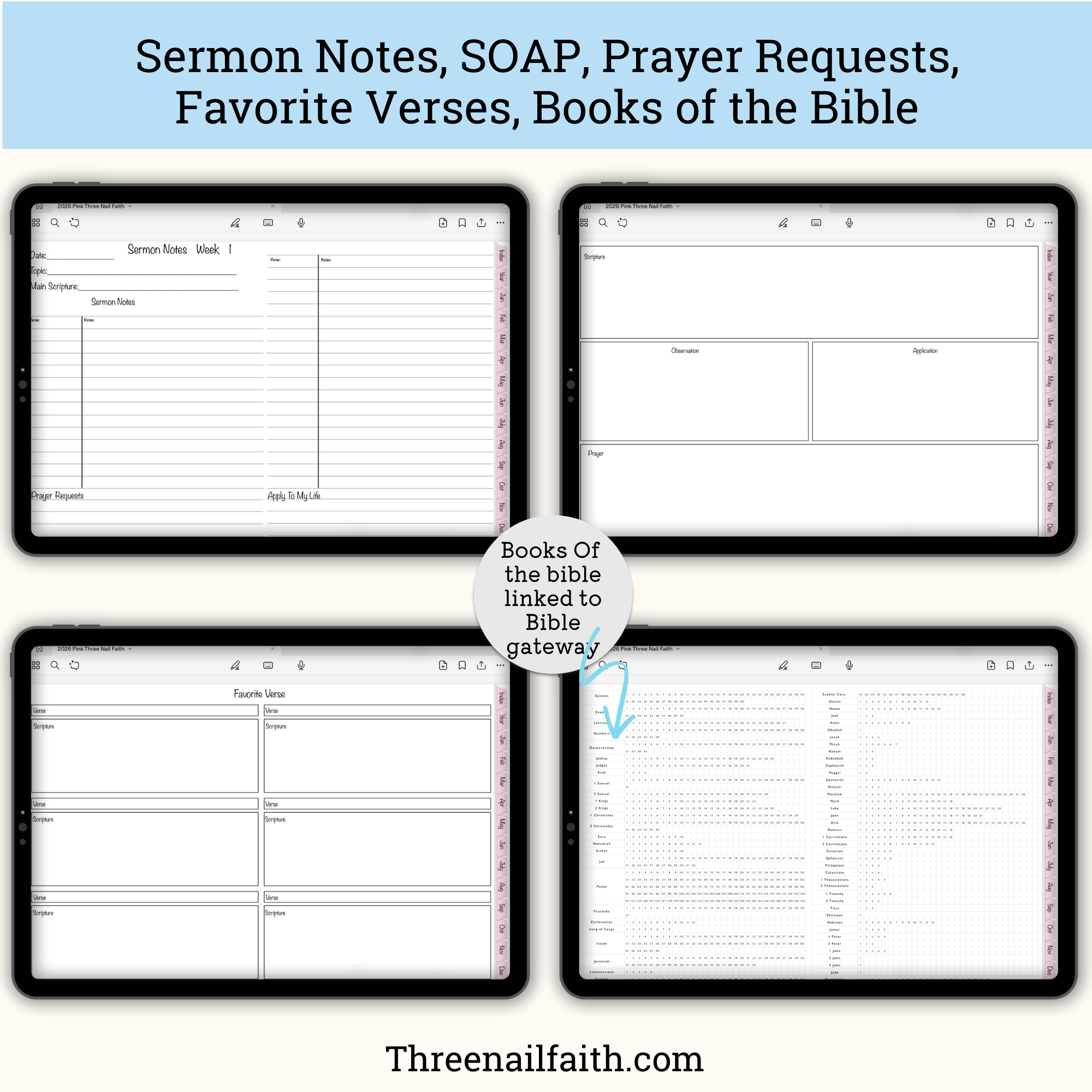 Screen shots of sermon notes, SOAP page, prayer requests, favorite vereses, books of the bible