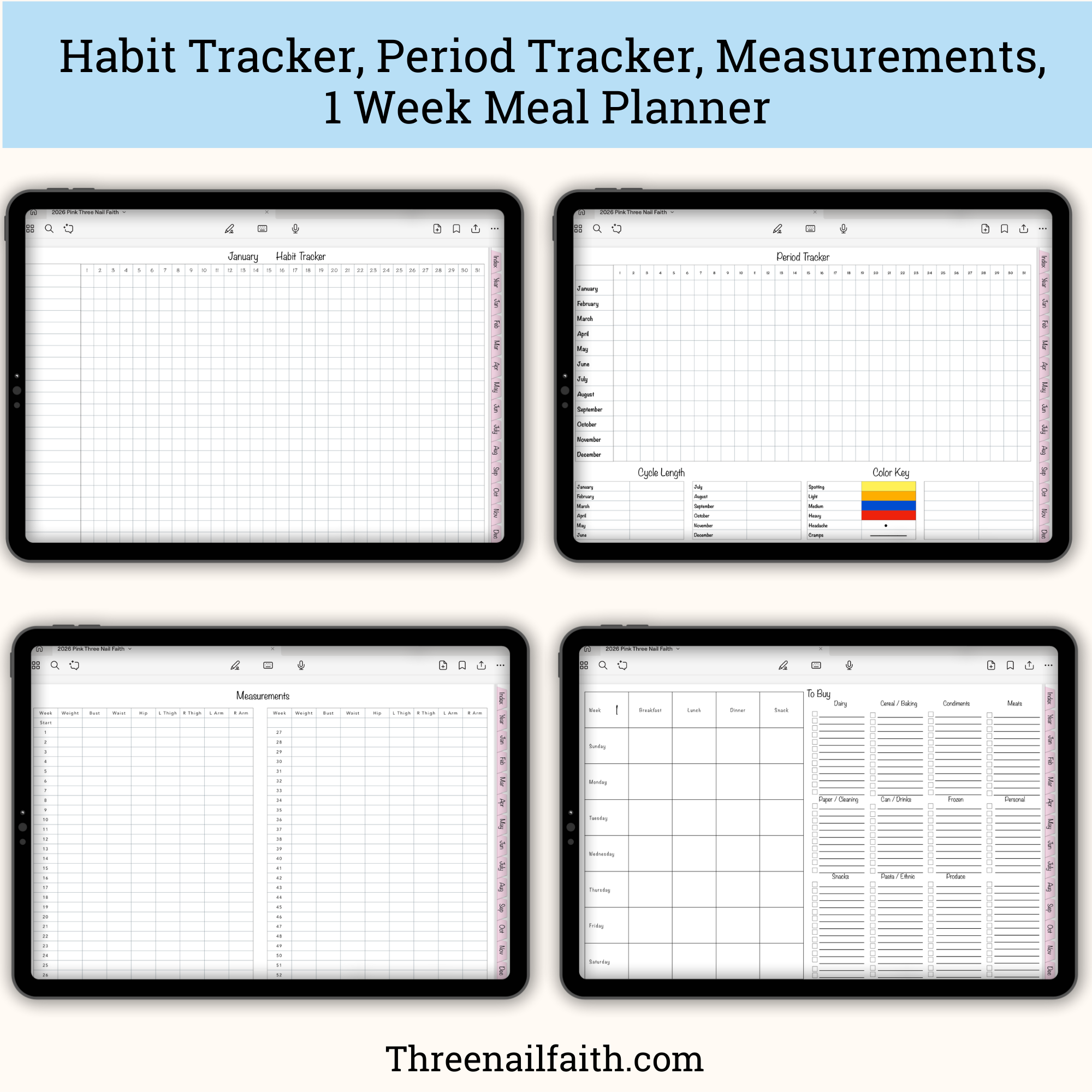 screen shots of pages, habit tracker, period tracker, measurements, meal planner