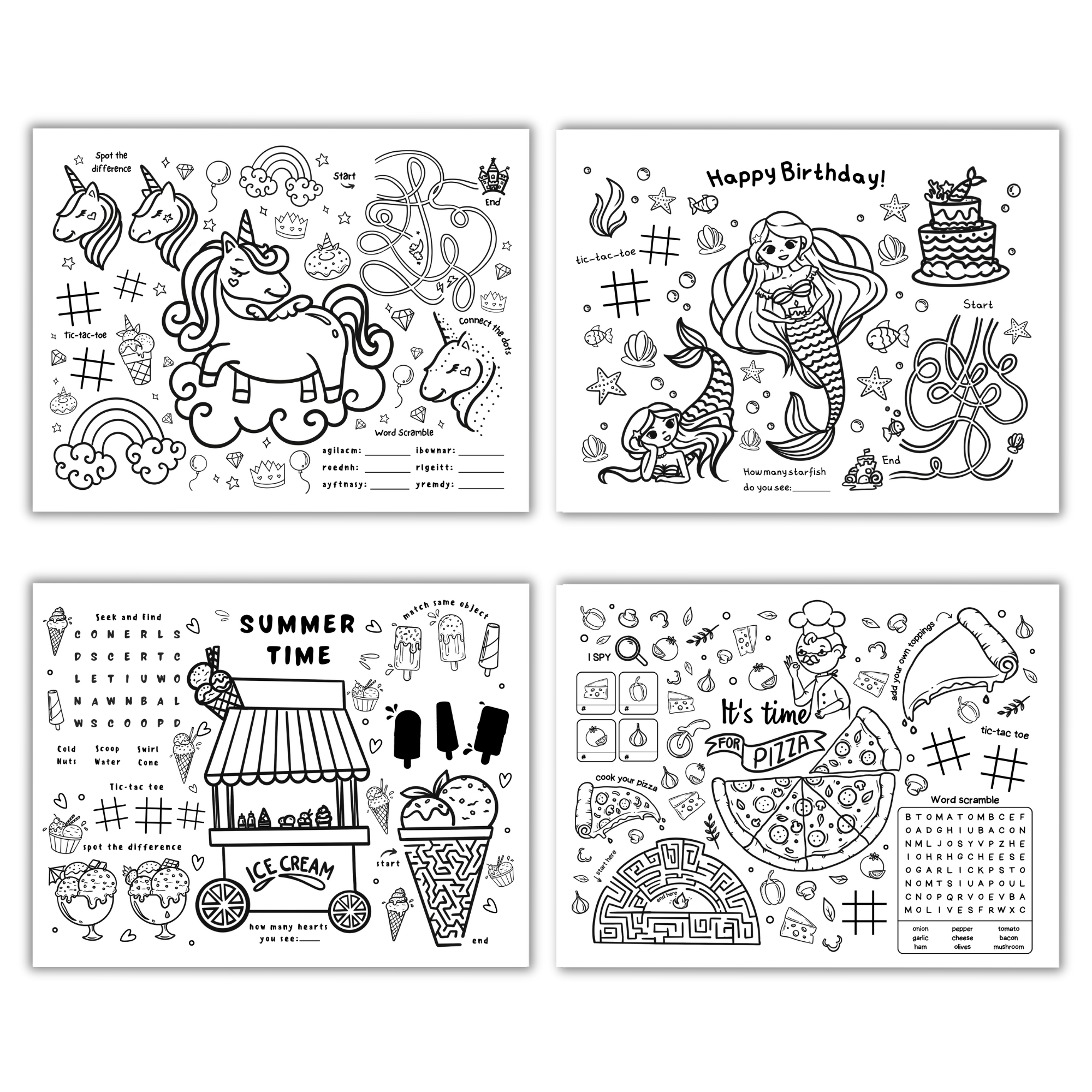 unicorn happy birthday, mermaid happy birthday, summer time ice cream fun, pizza party activity placemats