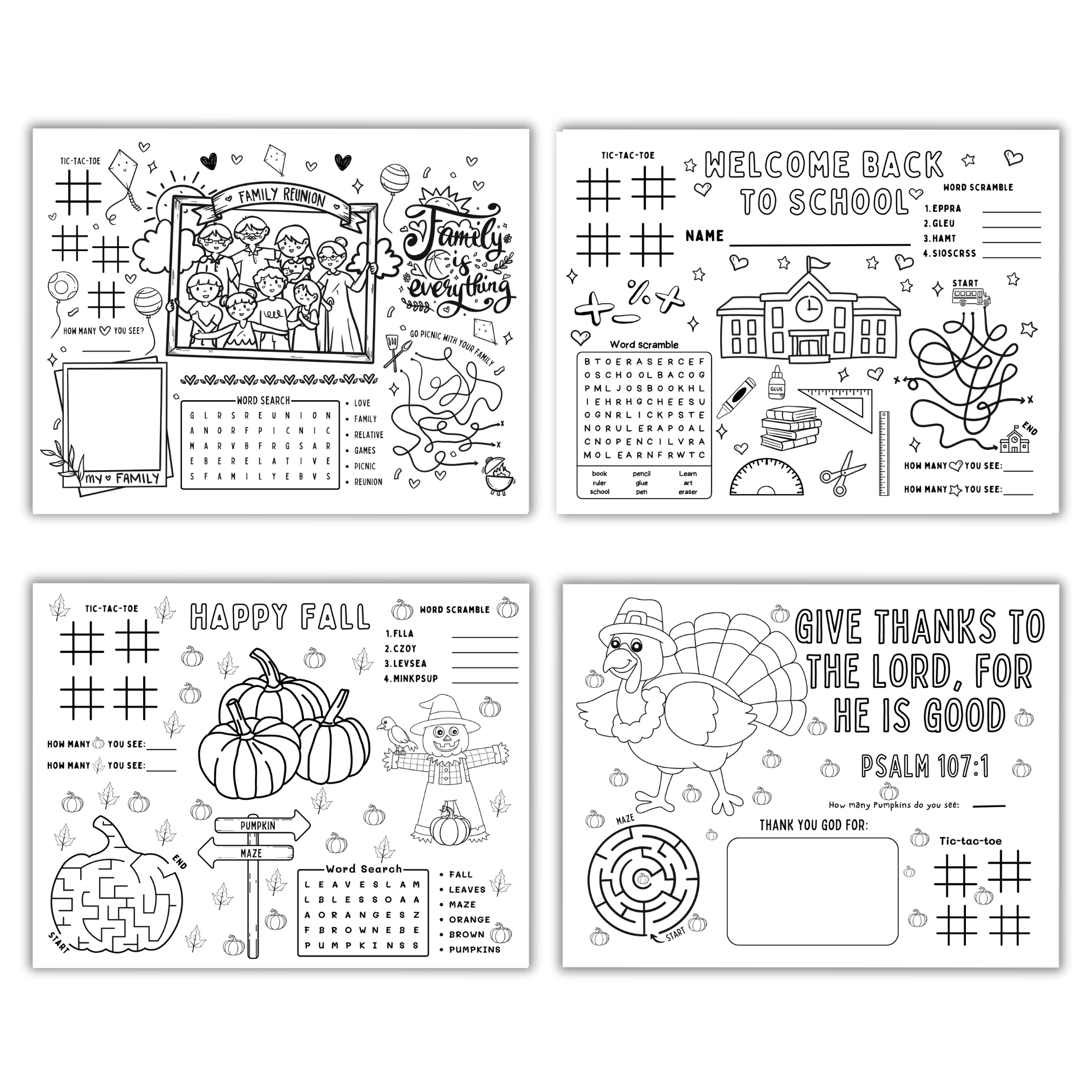 family reunion, welcome back to school, happy fall, thanksgiving activity placemats
