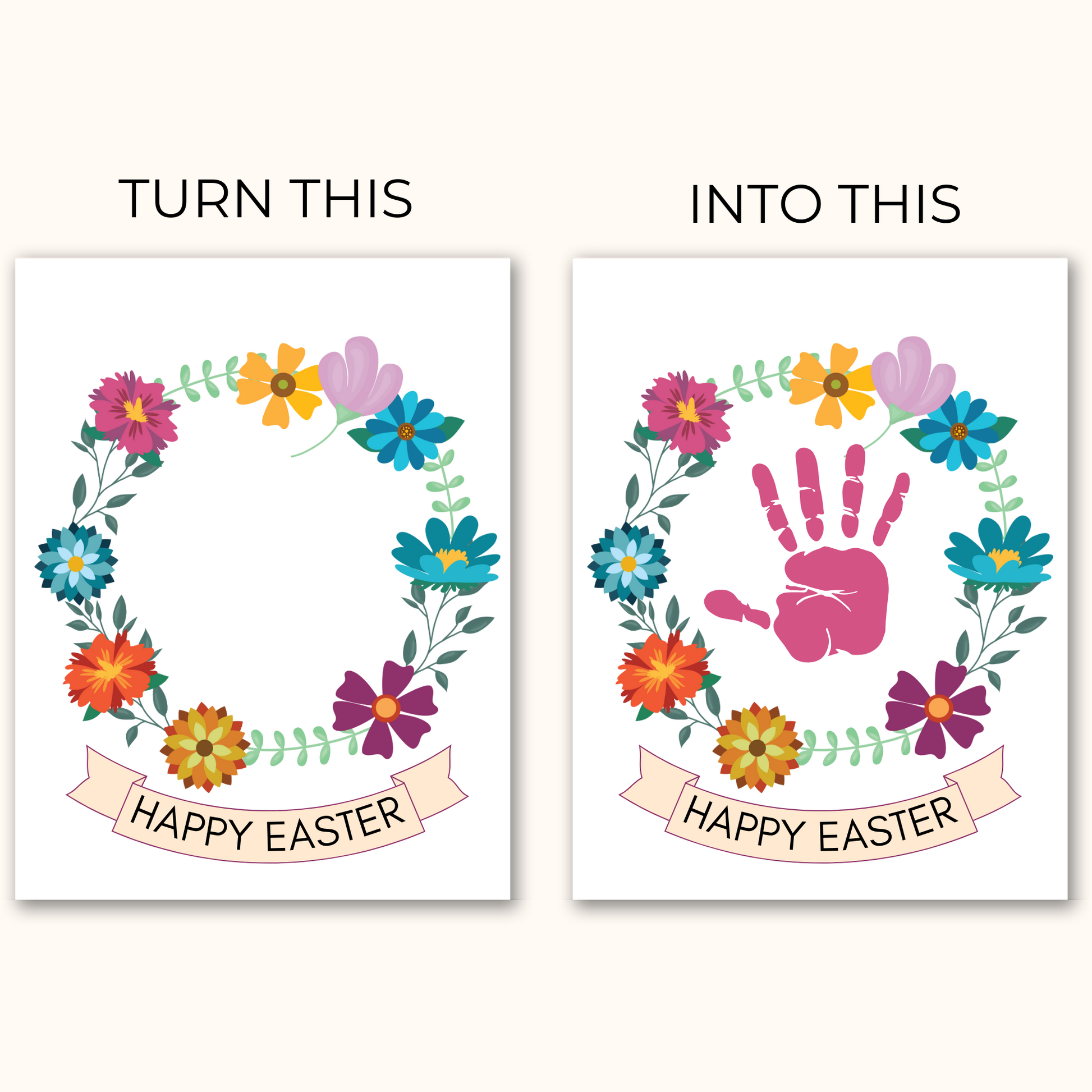 Turn print on the left into the print on the right by adding your childs handprint