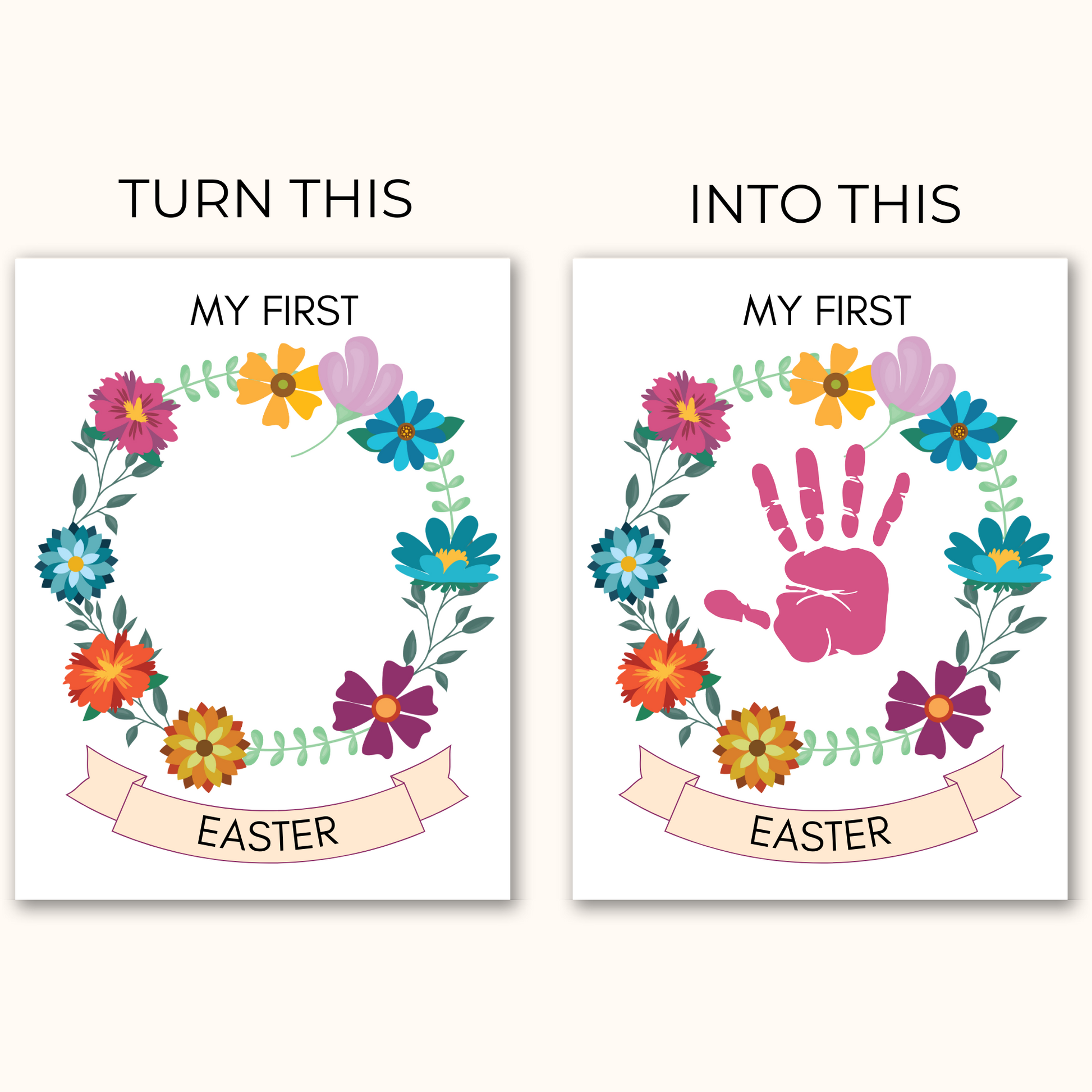 Turn the print on the left into the print on the right when you add your childs handprint to the print