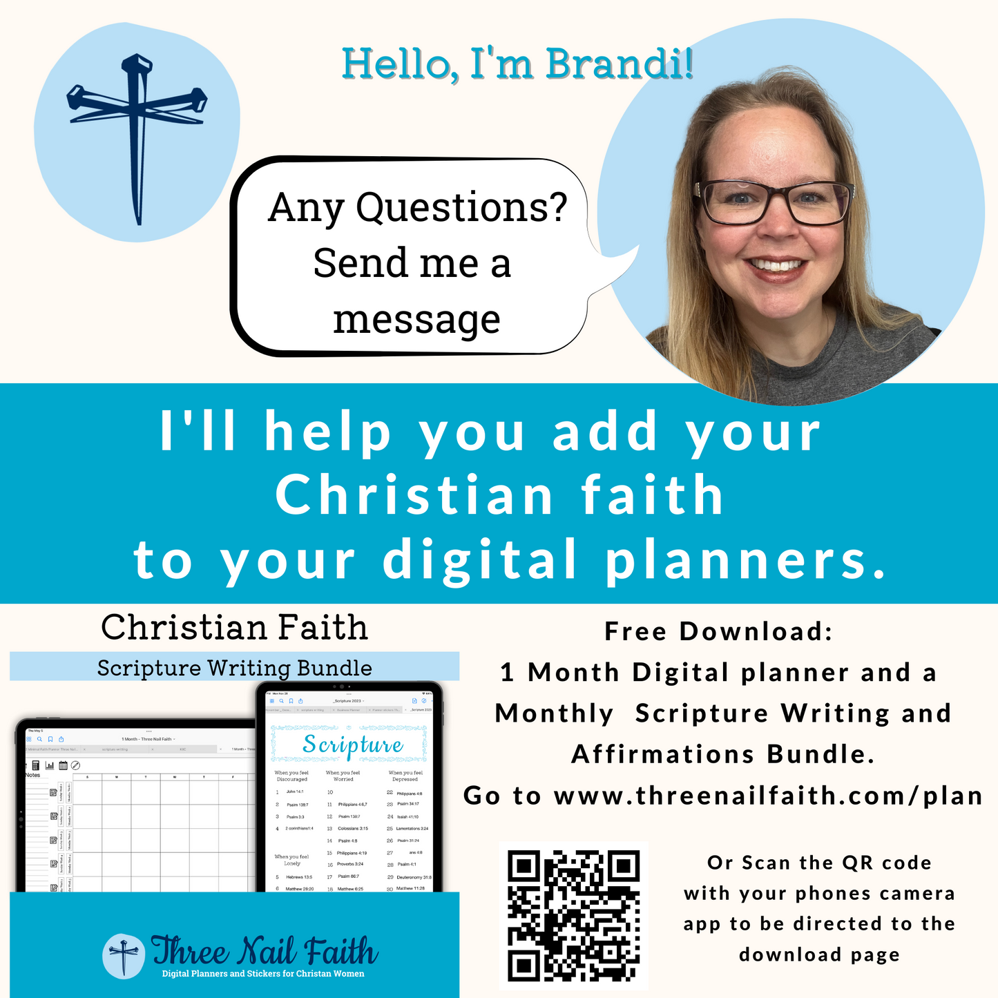 Brandi Reid, Owner of Three Nail Faith. I Create digital planners and stickers for Christian Women so that you can get closer to God. Download the Free scripture bundle. www.threenailfaith.com/plan