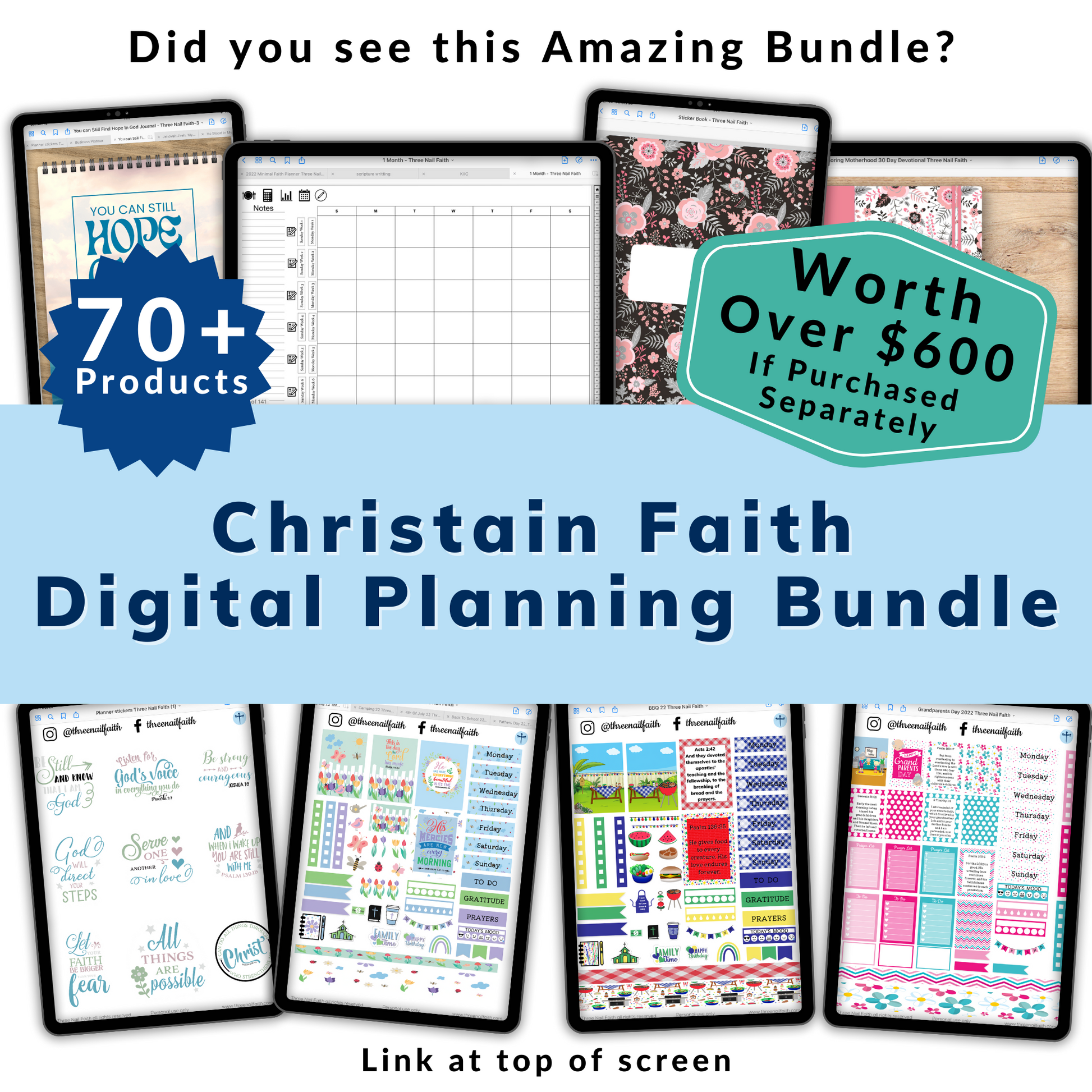 Christian faith digital planning bundle is the best way to save at Three Nail Faith.  This bundle includes all digital planners, digital stickers and digital devotionals that are in the shop and all future that are added to the shop.