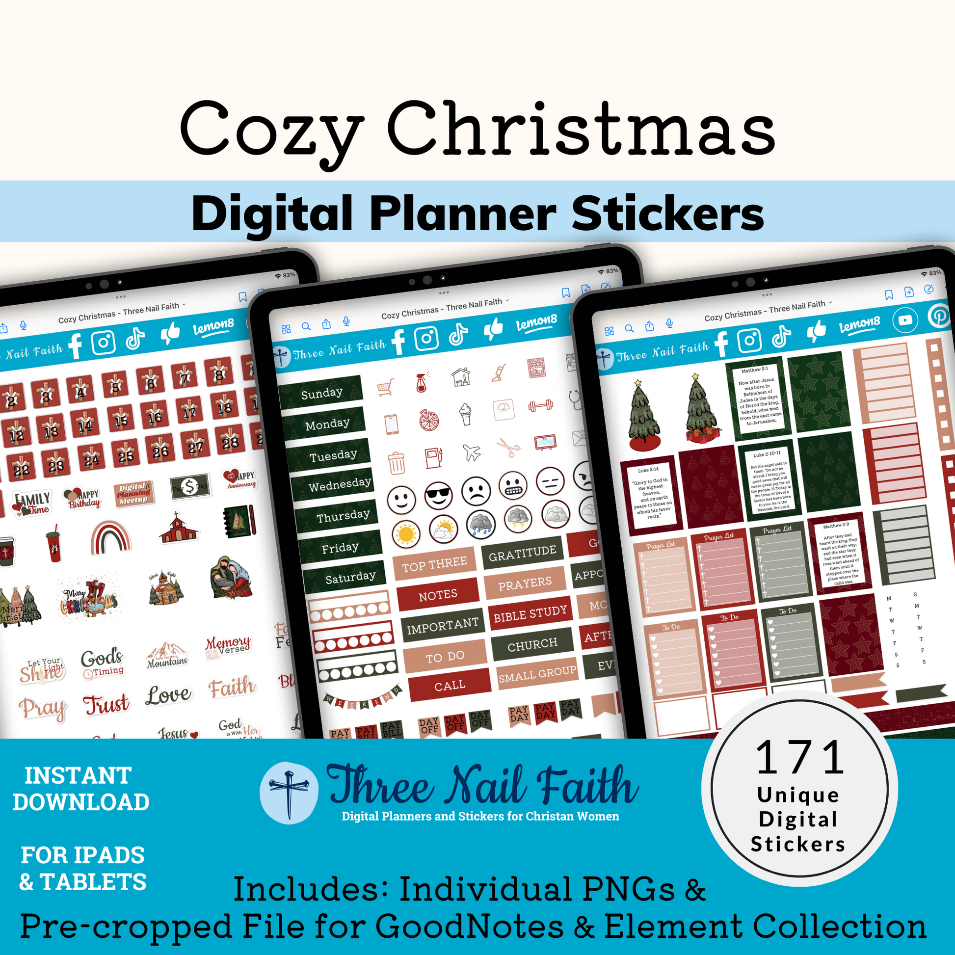 Cozy Christmas digital sticker kit with 171 Digital stickers
