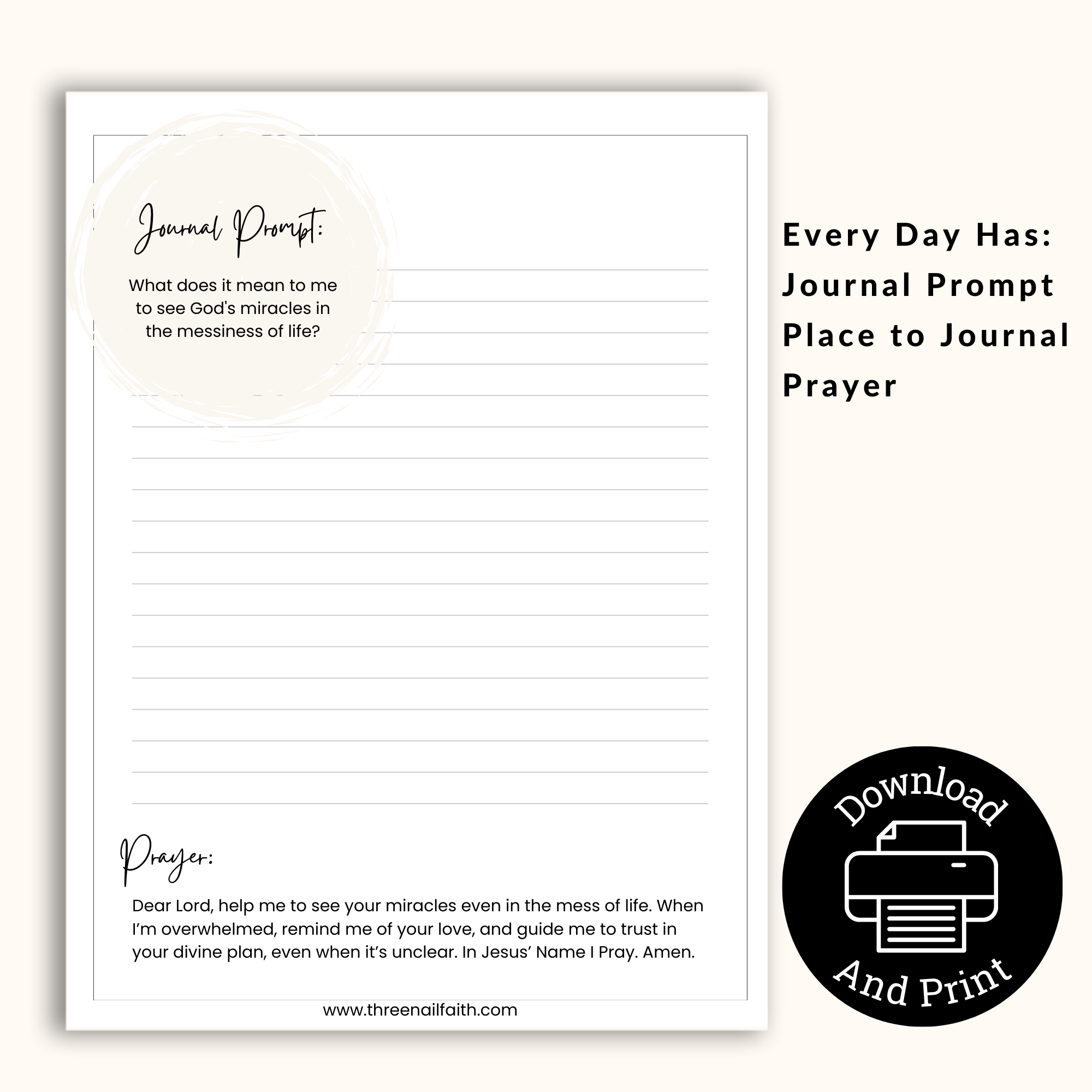 each daily page has a prompted faith question, room to journal the question and a small prayer.