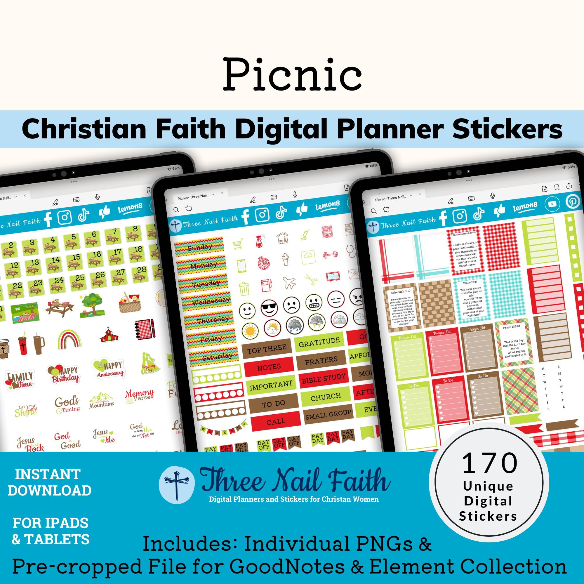 Picnic Digital Sticker kit kit has 170 digital stickers comes with goodnotes file, goodnotes elements file, and individual PNG's