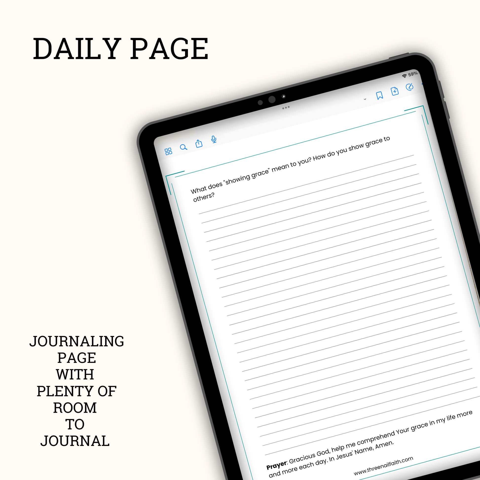 Journaling page , each page has a journal prompted, space to journal and a prayer.