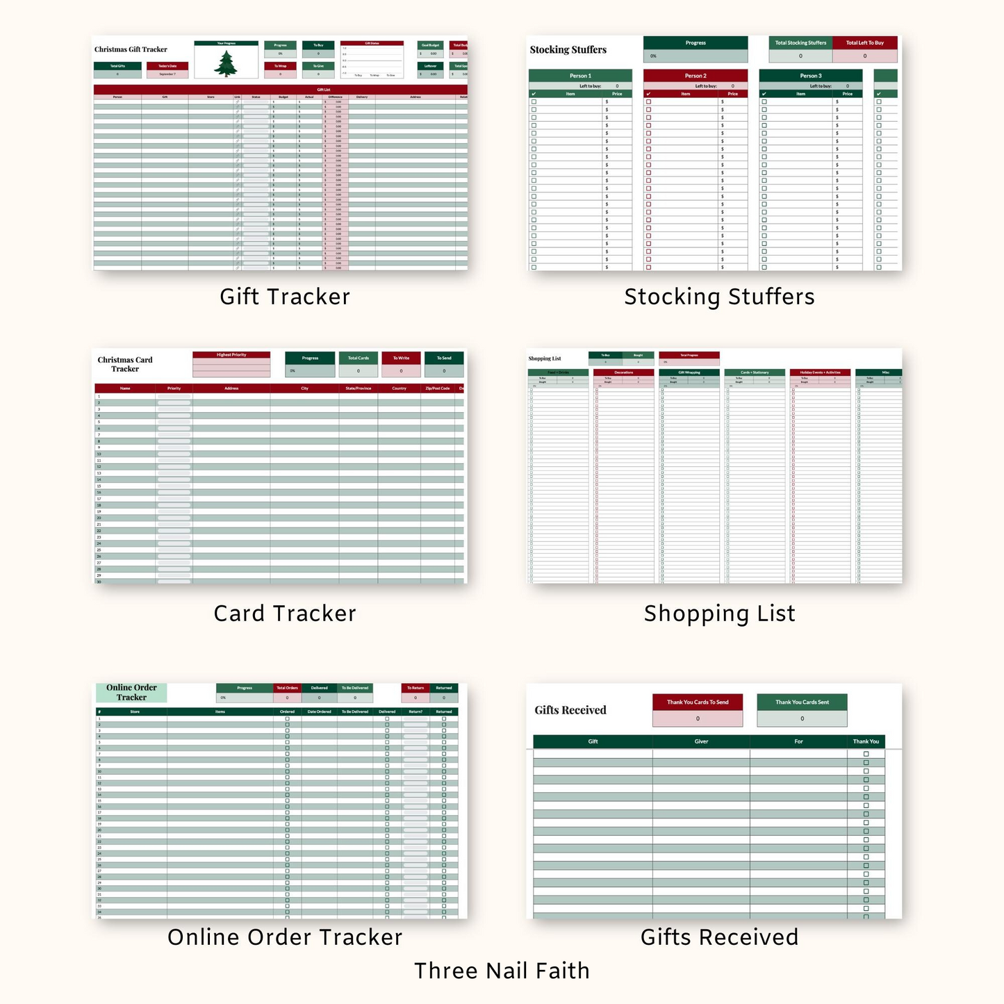 other trackers that are included: gift, stocking, card, shopping list, online order, gifts received.