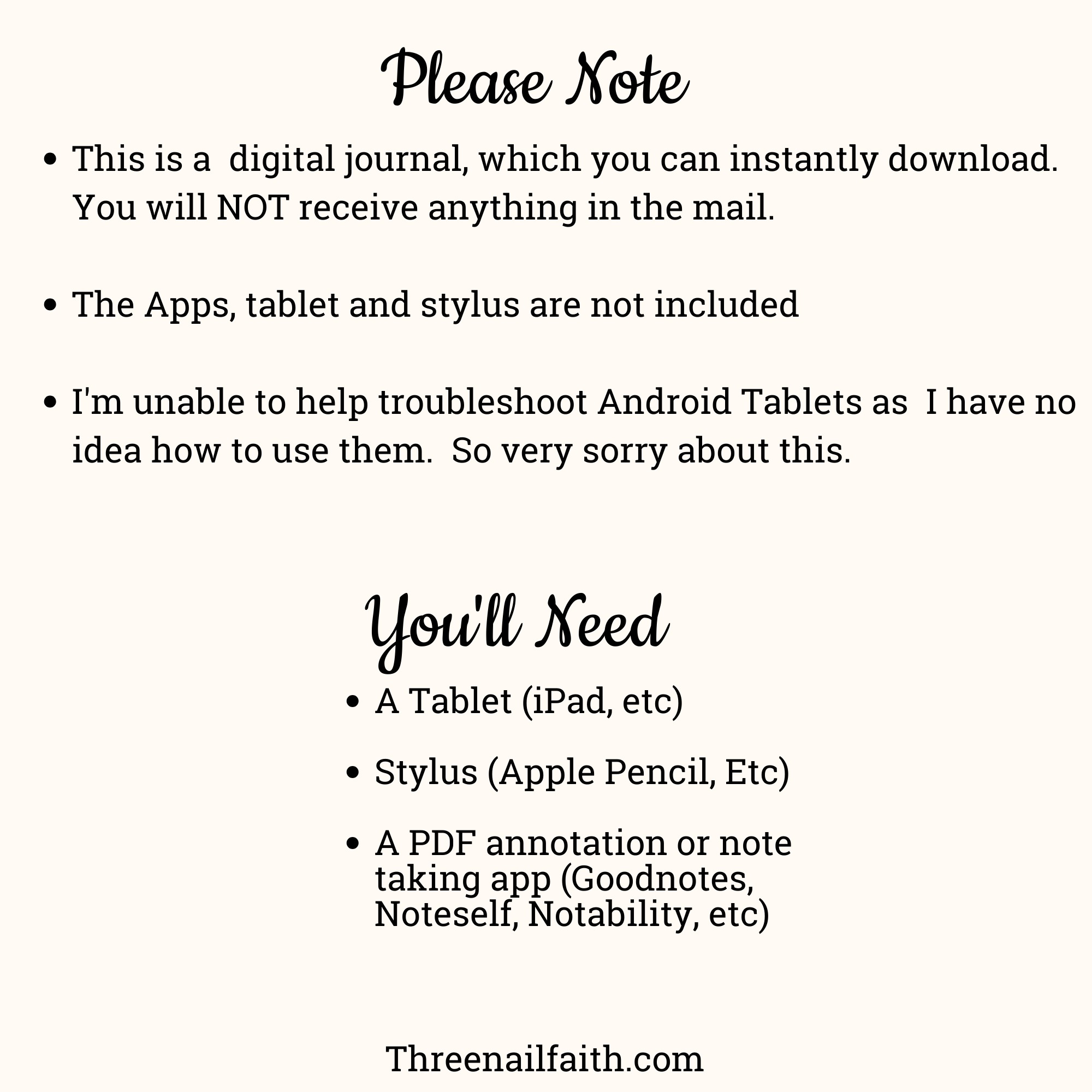 Please note that this is a digital journal, nothing will be mailed to you, you will need a tablet, stylus, and pdf annotation app.  Due to the nature of digital downloads no refunds are allowed.