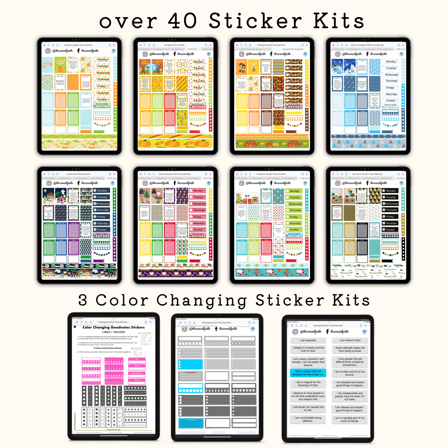 You will receive  over 40 digital stickers and 3 color changing sticker kits