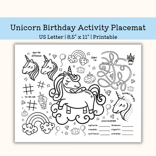 Printable Unicorn Birthday Activity Placemat
