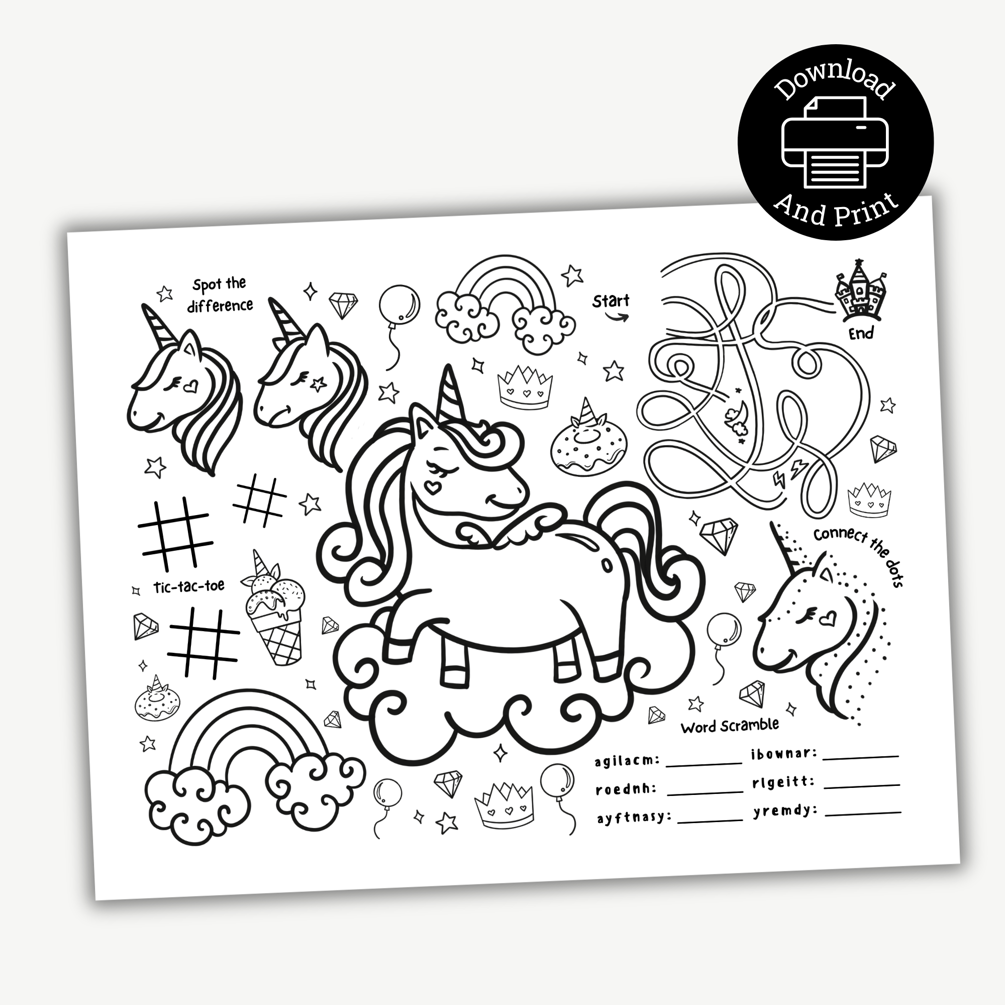 Printable Unicorn Birthday Activity Placemat