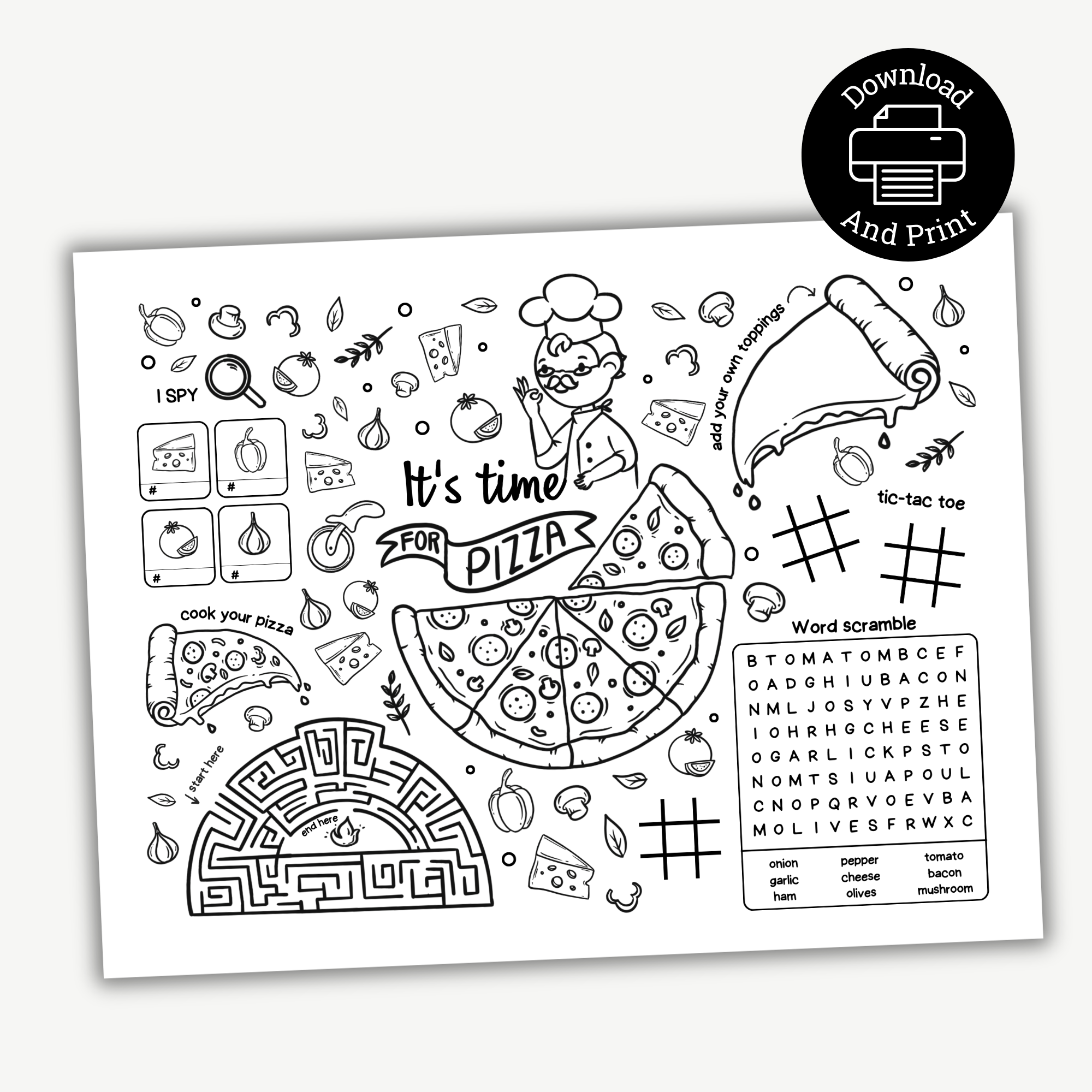 Printable Pizza Party Activity Placemat