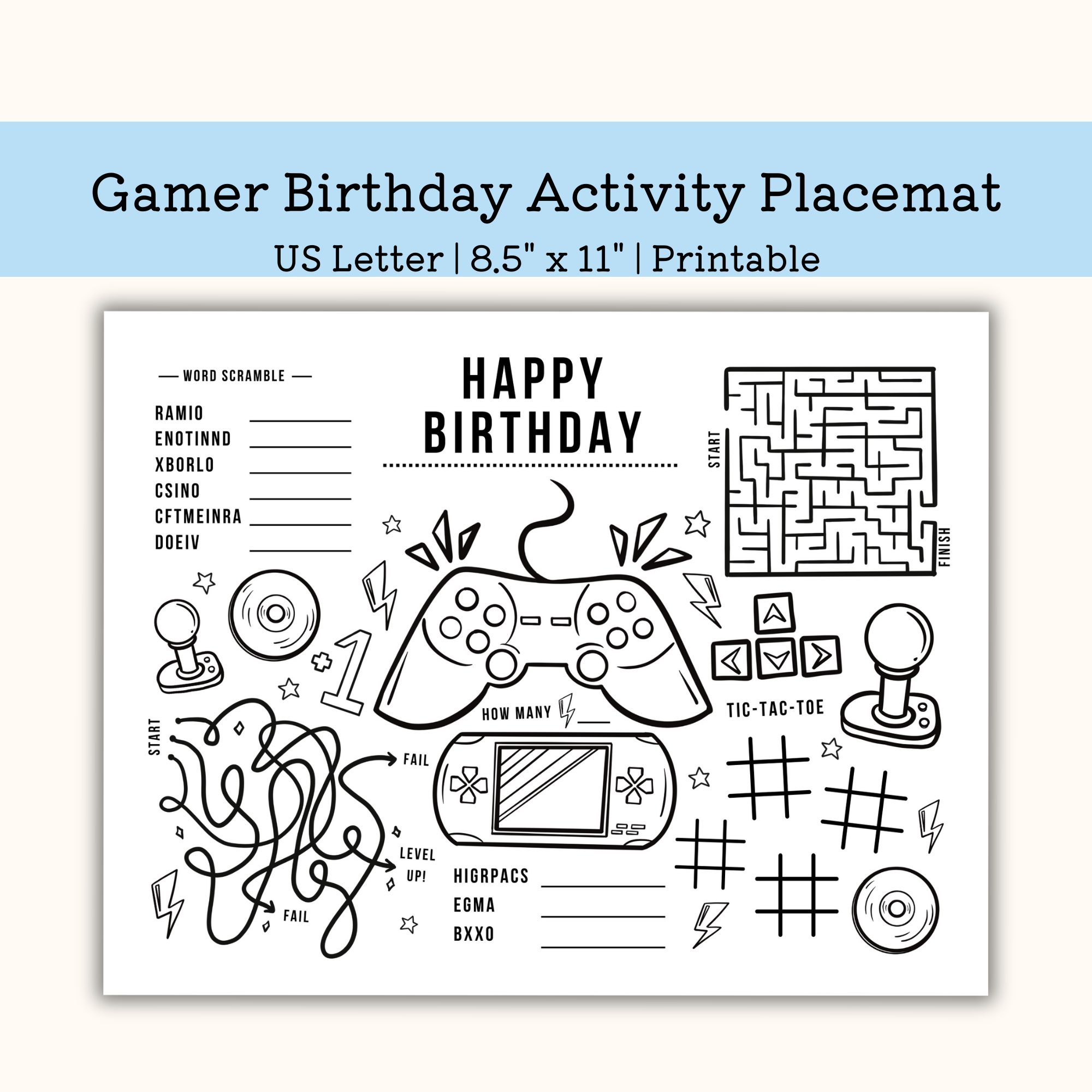 Printable Video Game Birthday Activity Placemat