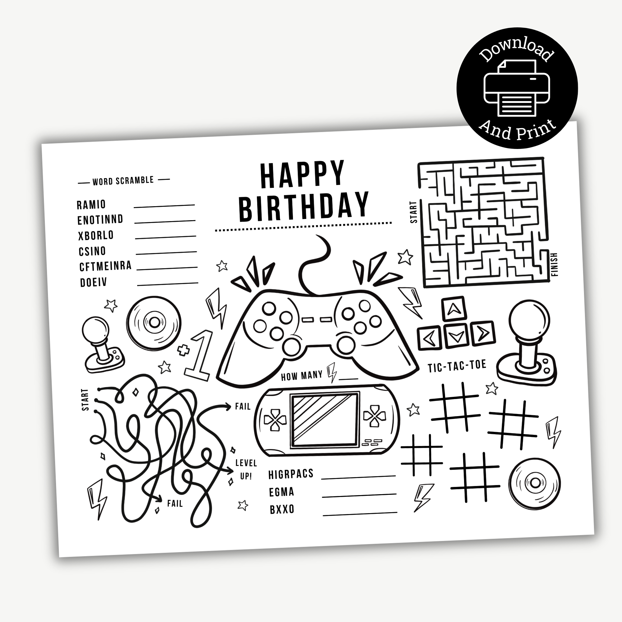 Printable Video Game Birthday Activity Placemat