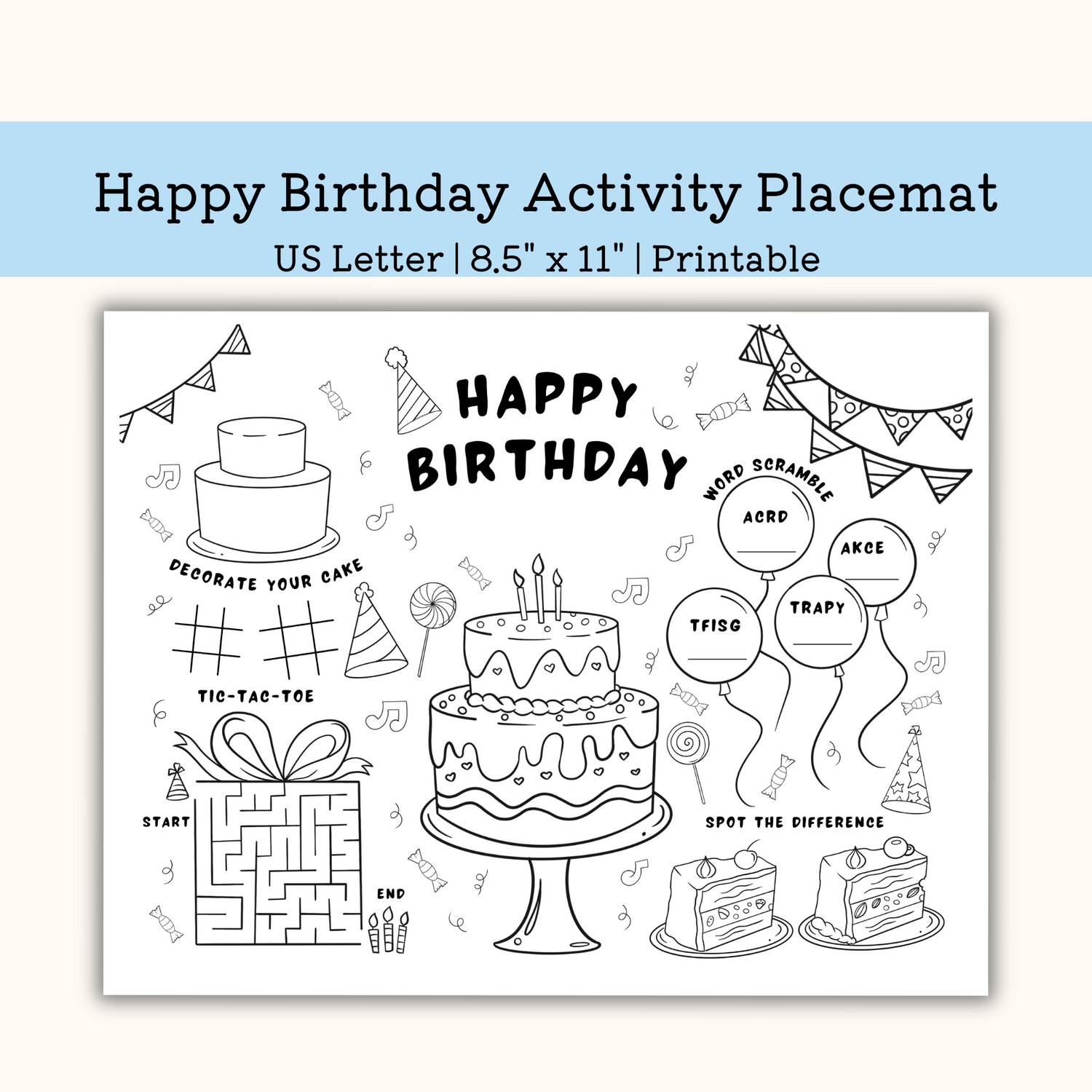 Printable Happy Birthday Activity Placemat