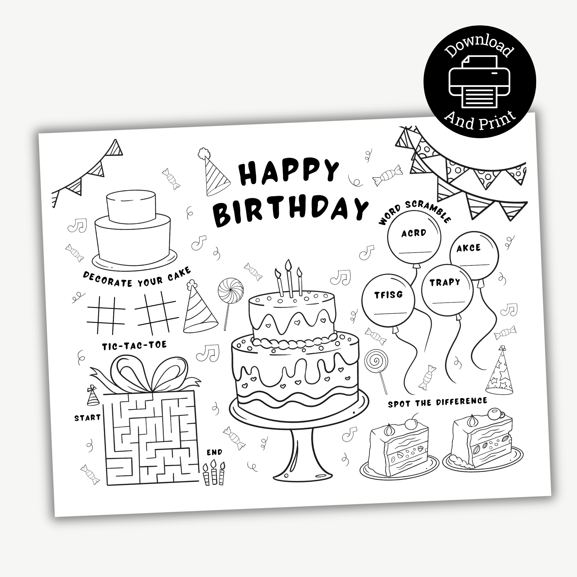 Printable Happy Birthday Activity Placemat