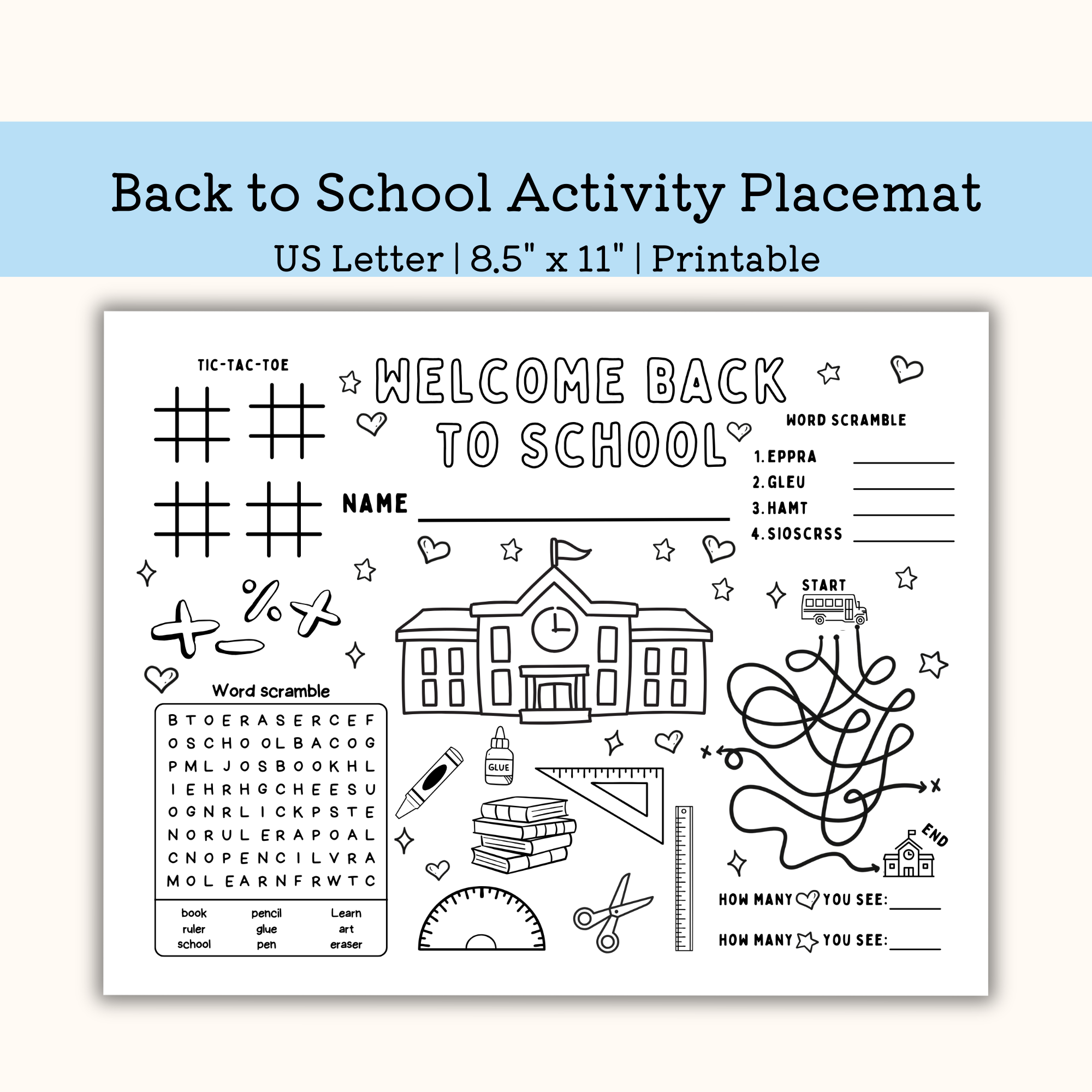 Printable Back to School Activity Placemat