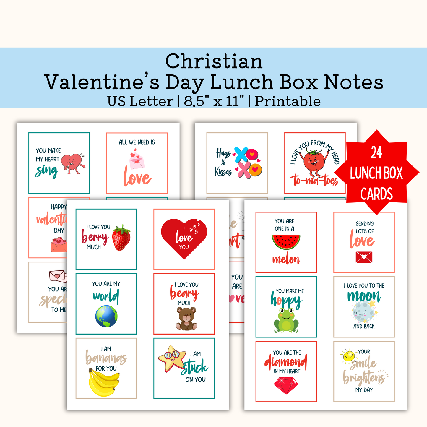 Valentine Lunchbox Notes for kids 24 cards Printable