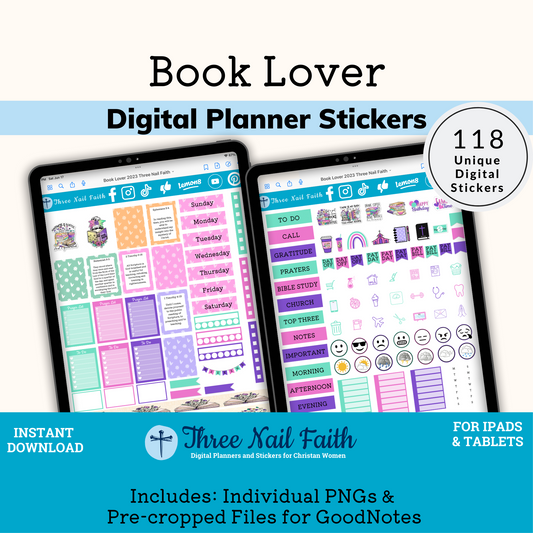 Book Lover Digital Planner Sticker Kit with 118 digital stickers