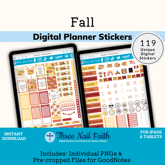 Fall with pumpkins digital planner sticker set with 119 digital stickers with a Christian theme