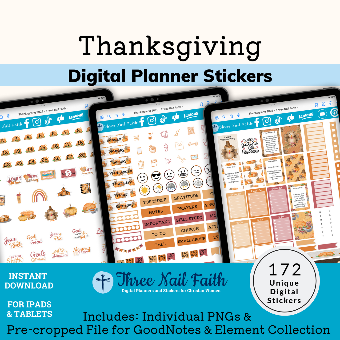Thanksgiving digital planner sticker set with 172 digital stickers