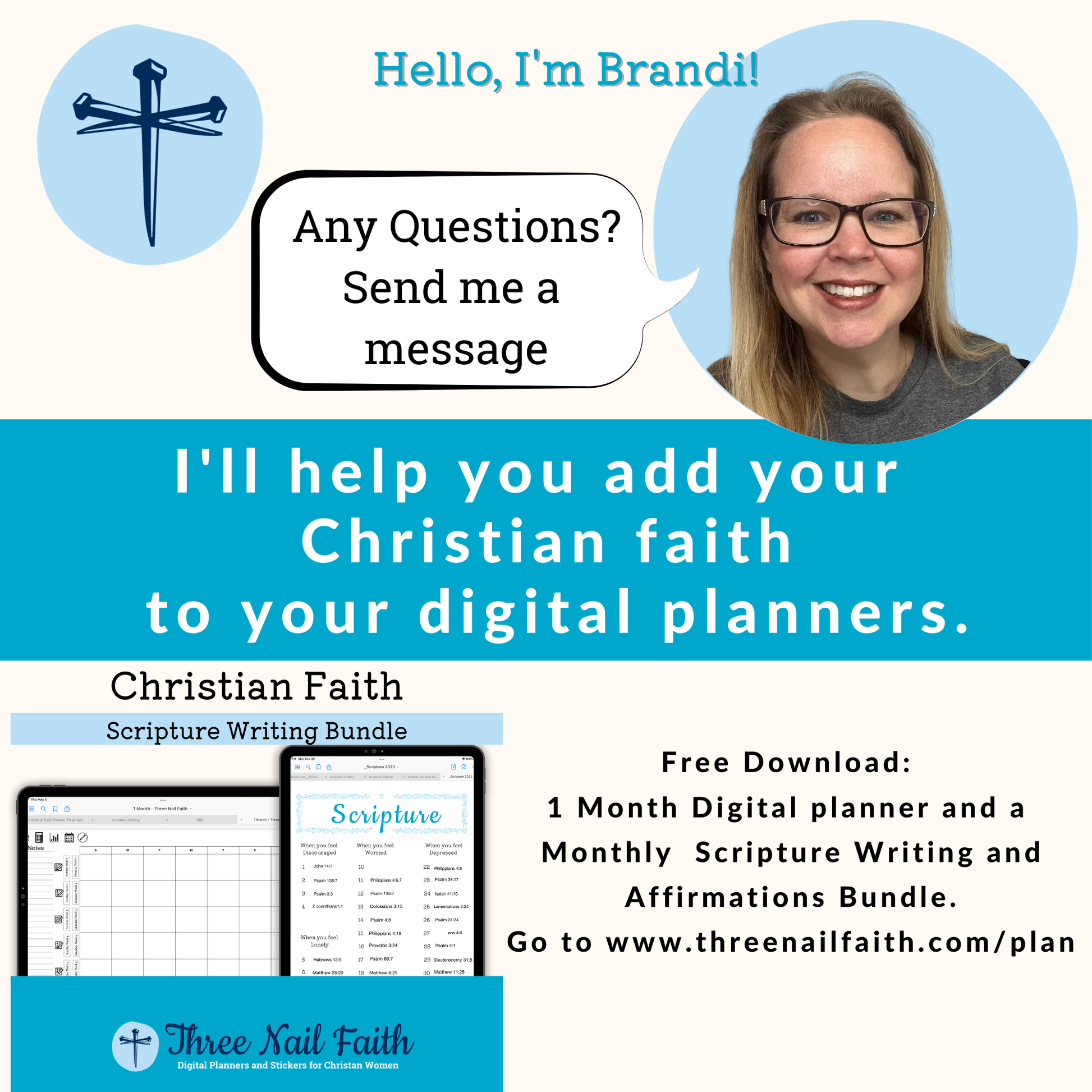 Hi I'm Brandi the creator of this planner.  Download your free scripture writing plan by going to www.threenailfaith.com/plan