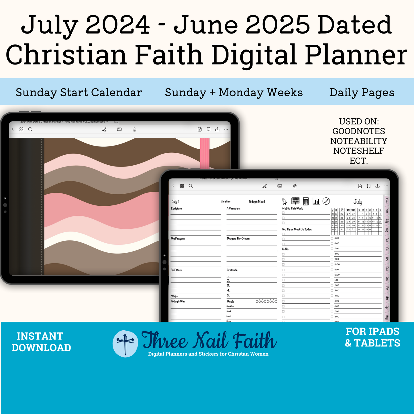 July 2024 - June 2025 Pink Christian Faith Dated Digital Planner