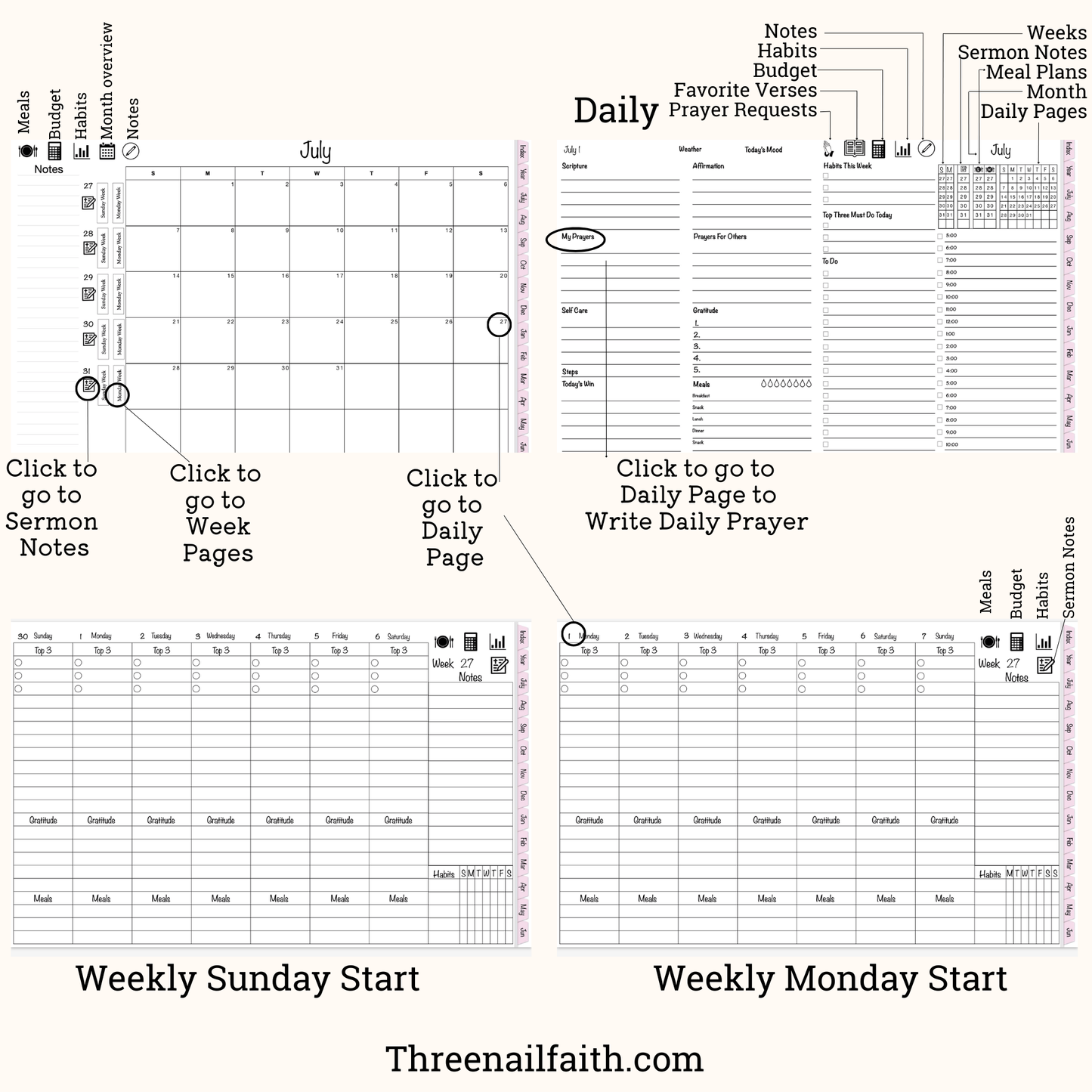 Pages of the pink Christian faith digital planner 