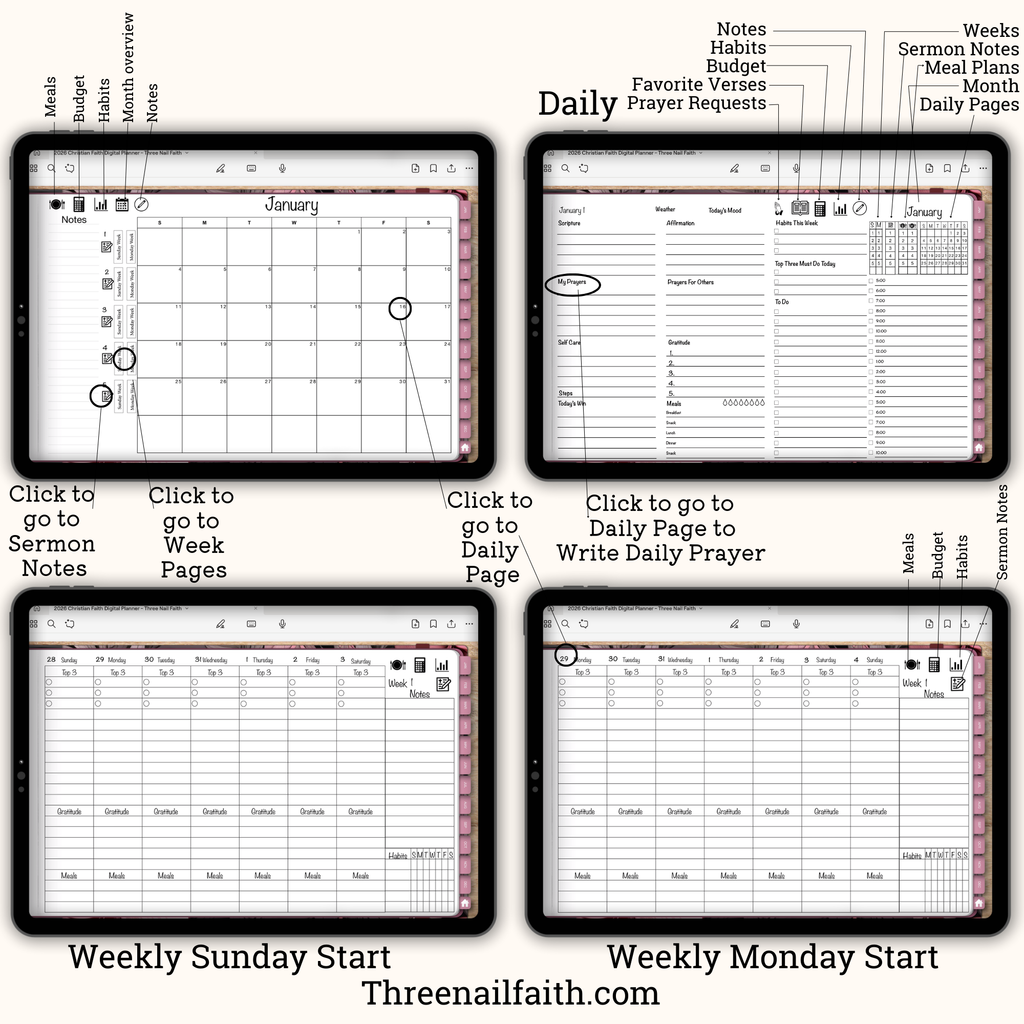 Screen shots of pages month, daily, weekly pages sunday and monday start