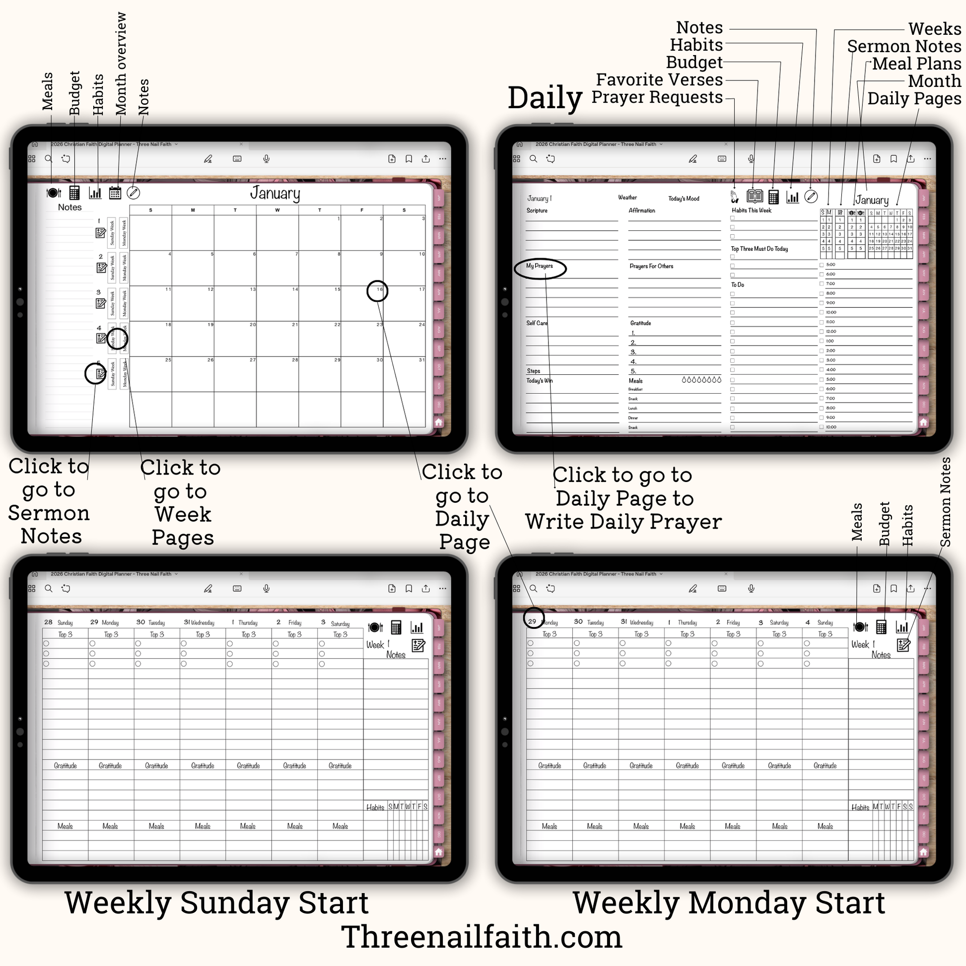 Screen shots of pages month, daily, weekly pages sunday and monday start