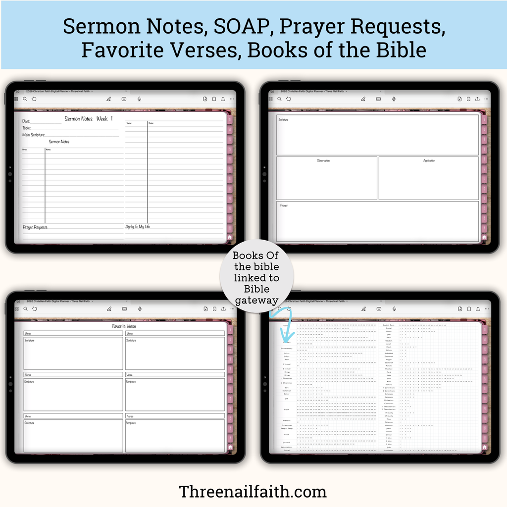 screen shots of sermon notes, SOAP, prayer requests, favorite verses. and books of the bible pages 