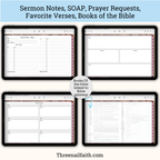 screen shots of sermon notes, SOAP, prayer requests, favorite verses. and books of the bible pages 