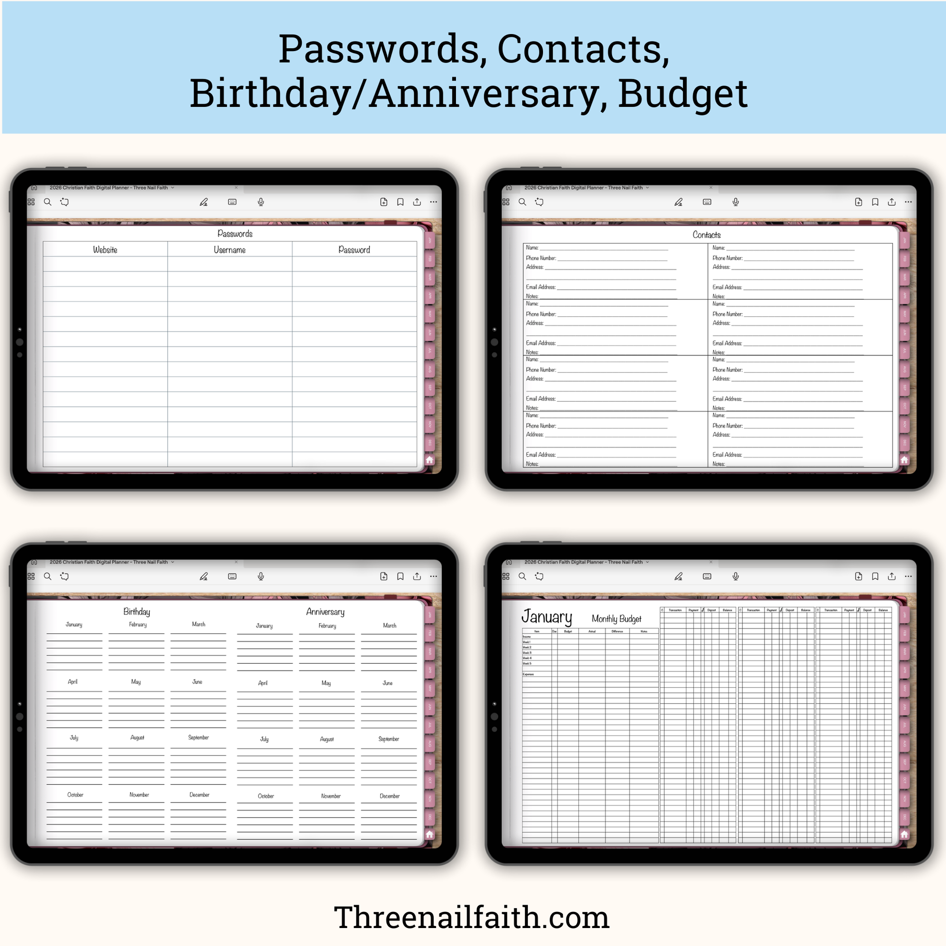 screen shots of pages, passwords, contacts, birthday, budget
