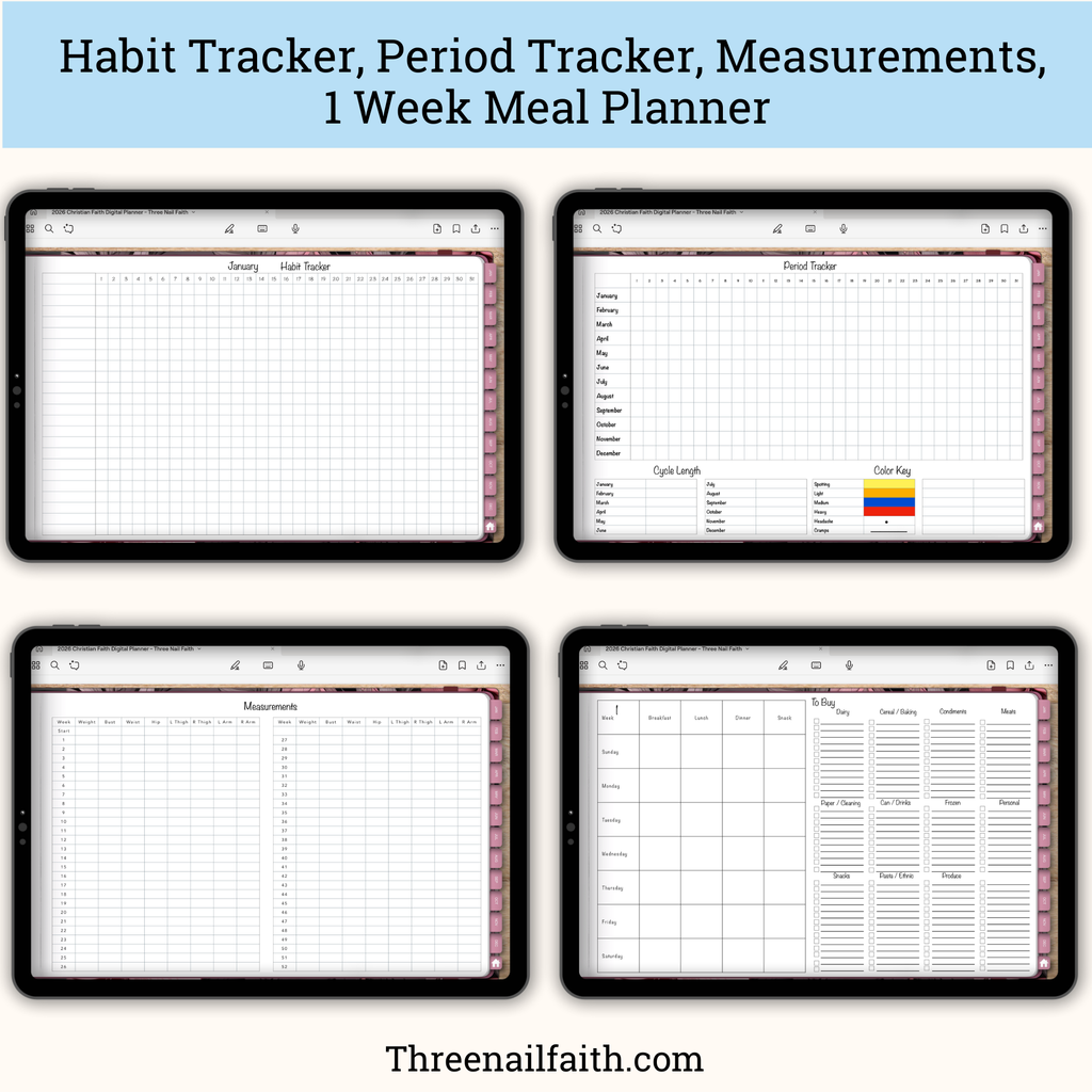 screen shots of pages: habit tracker, period tracker, measurements, meal planner