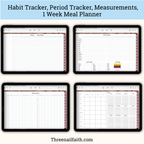 screen shots of pages: habit tracker, period tracker, measurements, meal planner