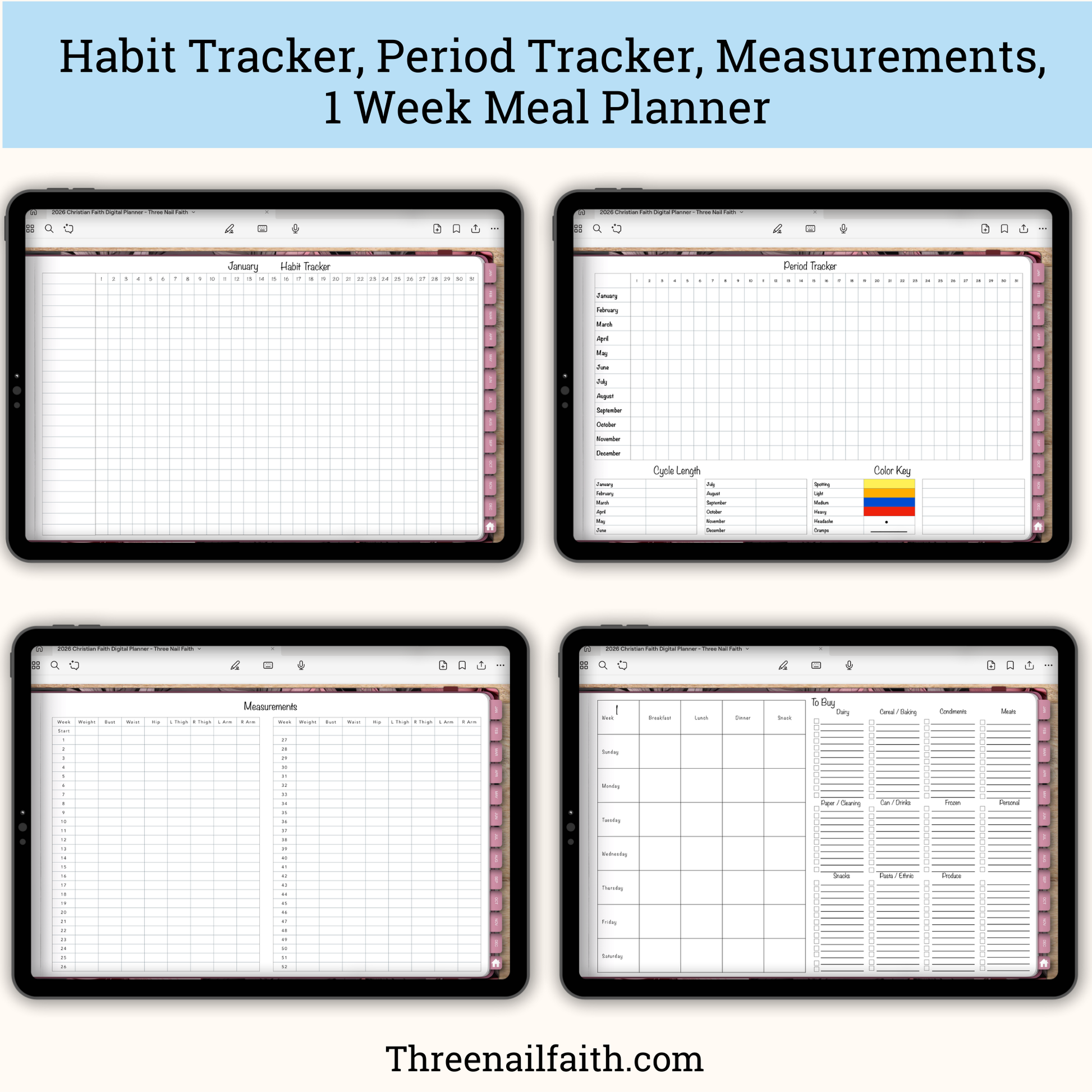 screen shots of pages: habit tracker, period tracker, measurements, meal planner