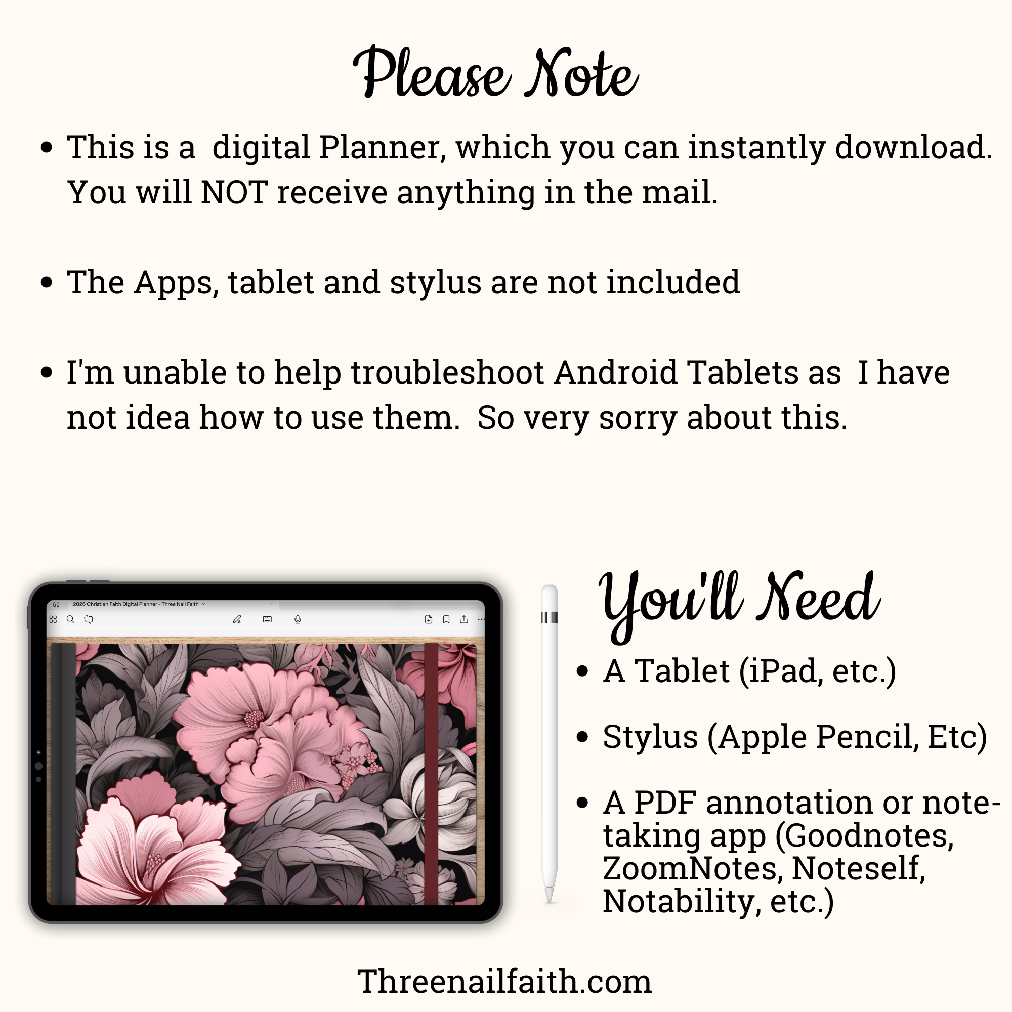 This is a digital download so nothing will be mailed to you.  You will need a tablet, a stylus, and an annotation app to be able to use this planner,  These items are not included with purchase 