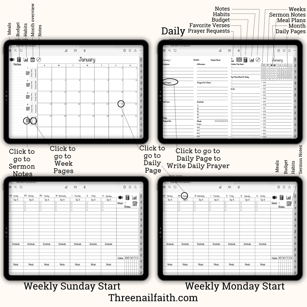 Screen shots of digital planner pages, month view, daily page. weekly pages sunday and monday start