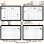 Screen shots of digital planner pages, month view, daily page. weekly pages sunday and monday start