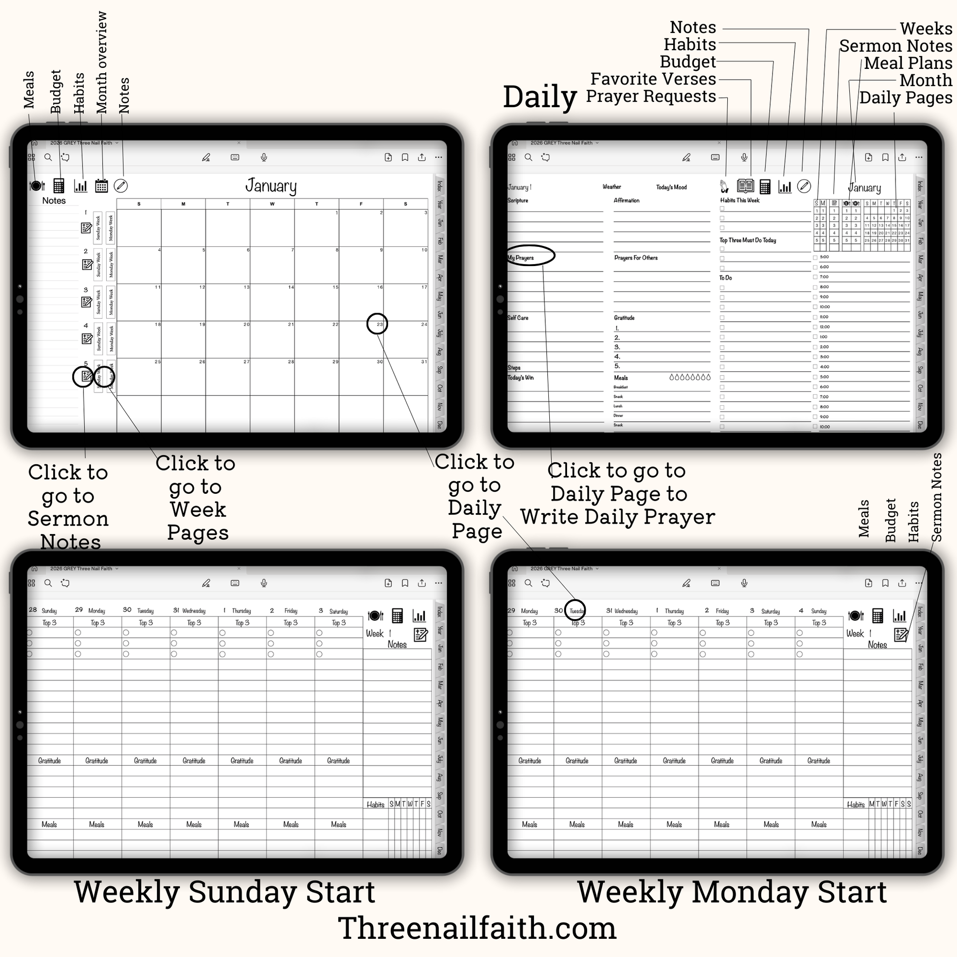 Screen shots of digital planner pages, month view, daily page. weekly pages sunday and monday start
