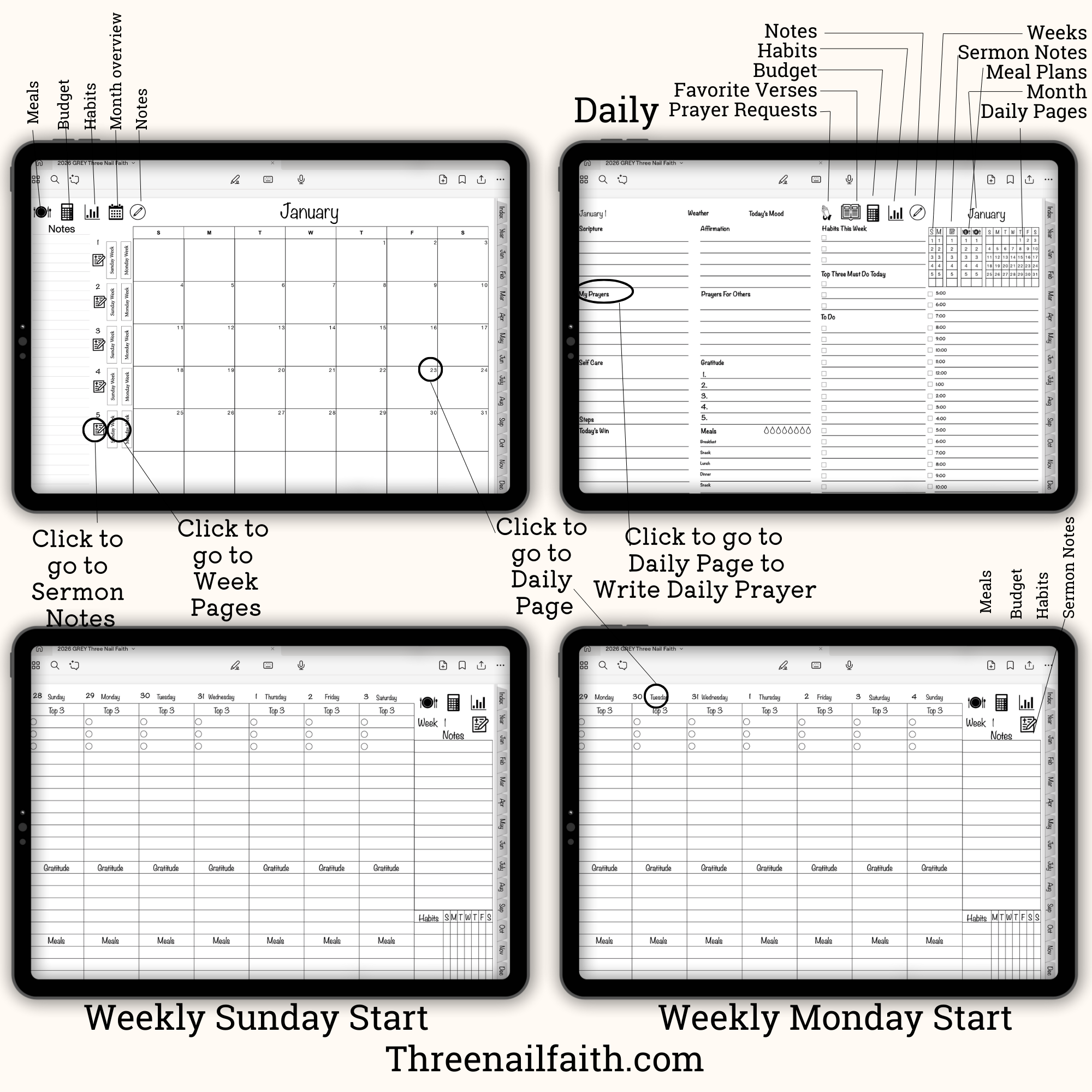 Screen shots of digital planner pages, month view, daily page. weekly pages sunday and monday start